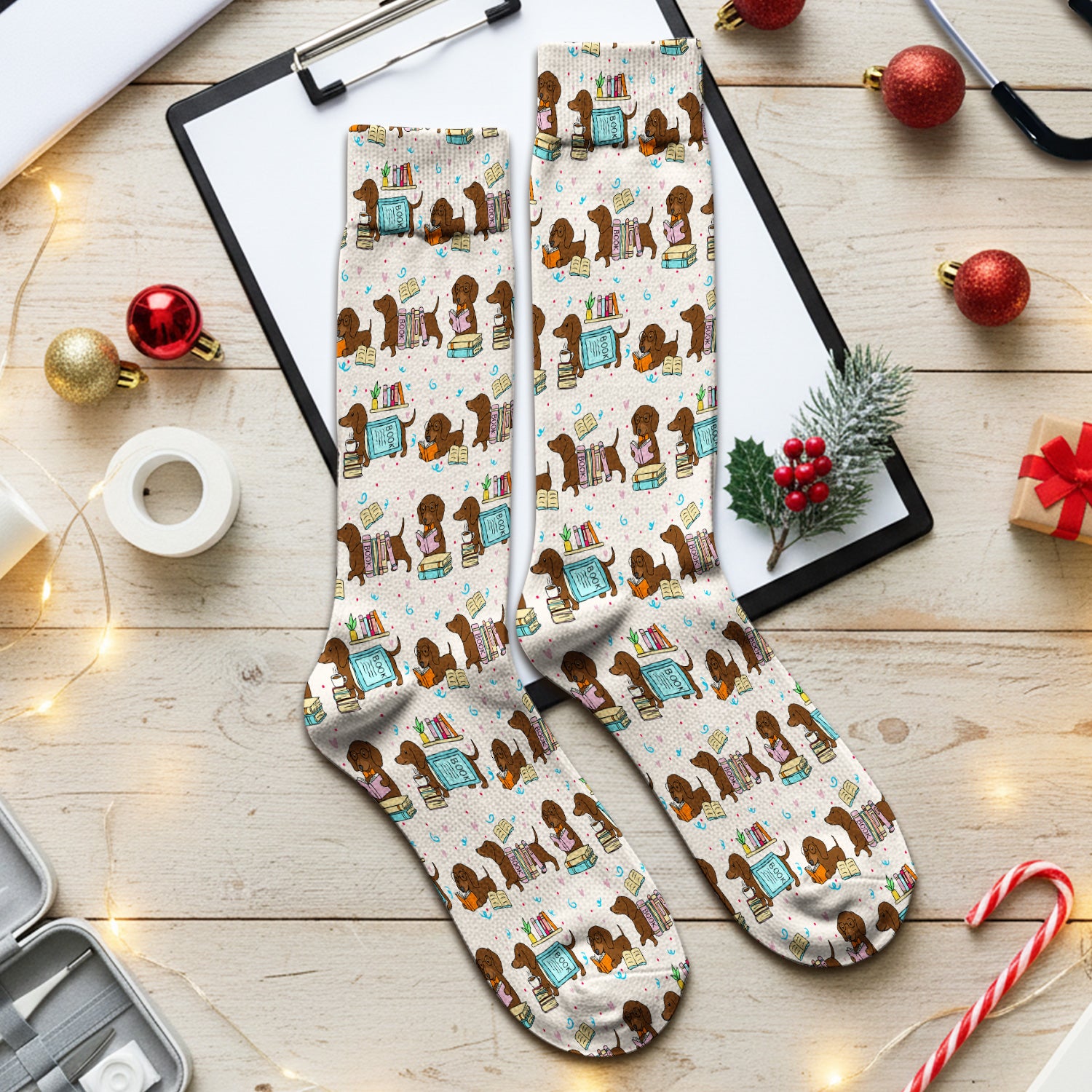 Cute Bookish Dachshund Reading Socks, Adult Socks for Men and Women