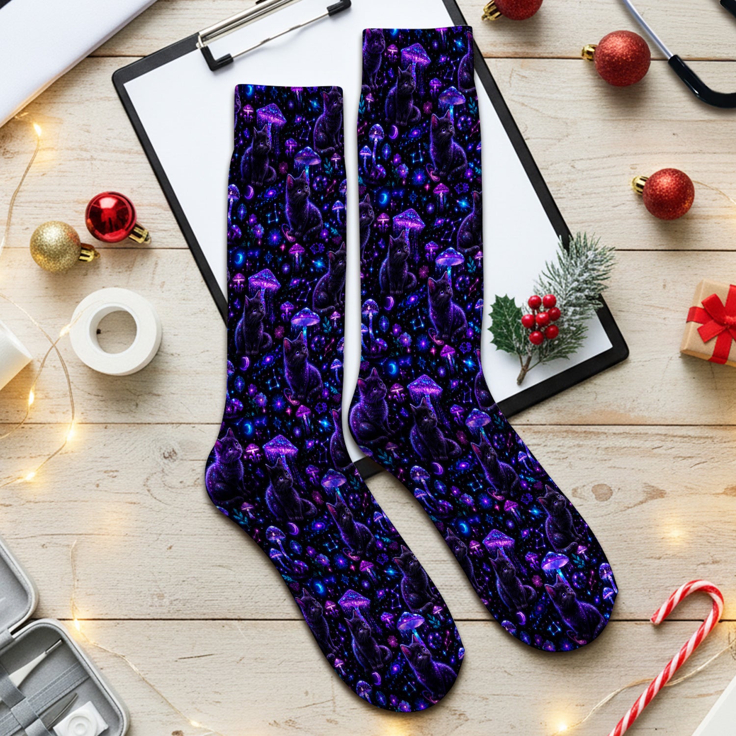 Mystical Black Cat Neon Mushroom Print Socks, Adult Socks for Men and Women