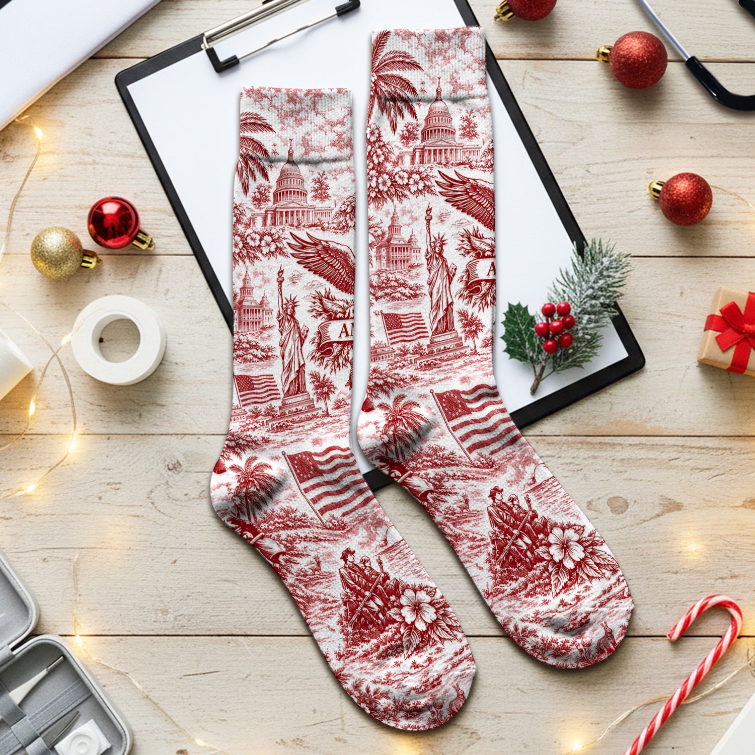 Patriotic America Heritage Toile Pattern Sock, Breathable Fabrics Medical Uniform