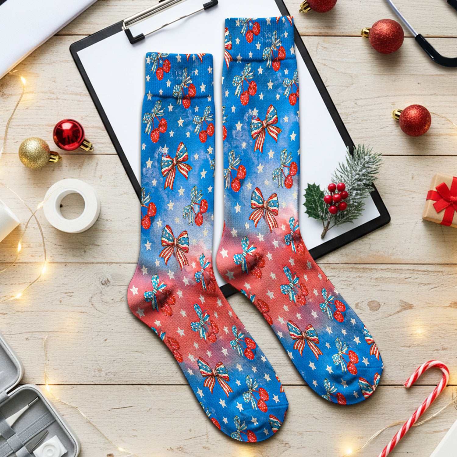 Festive Patriotic Star Bow Cherry Pattern Socks, Adult Socks for Men and Women