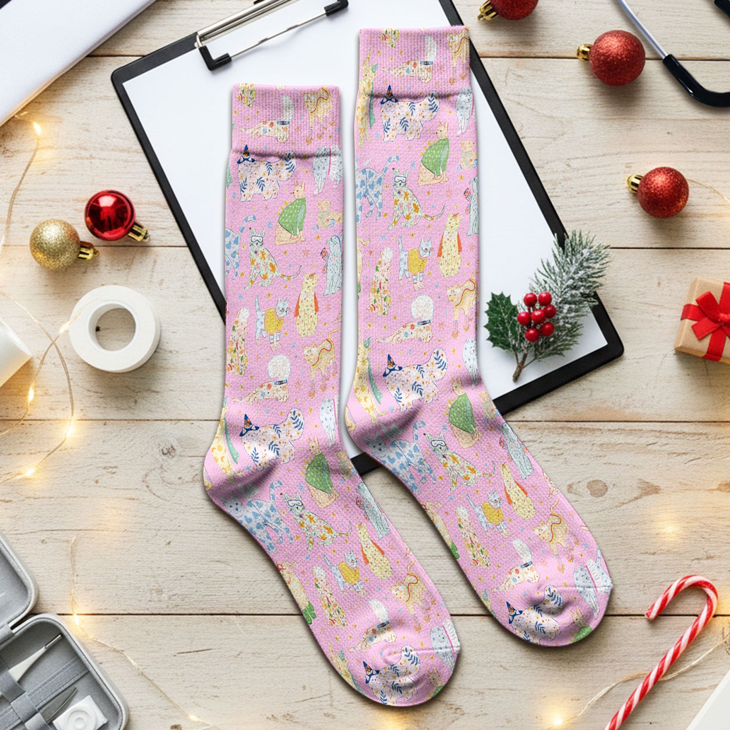 Colorful Pastel Cartoon Cats Print Socks, Breathable Fabrics Medical Uniform