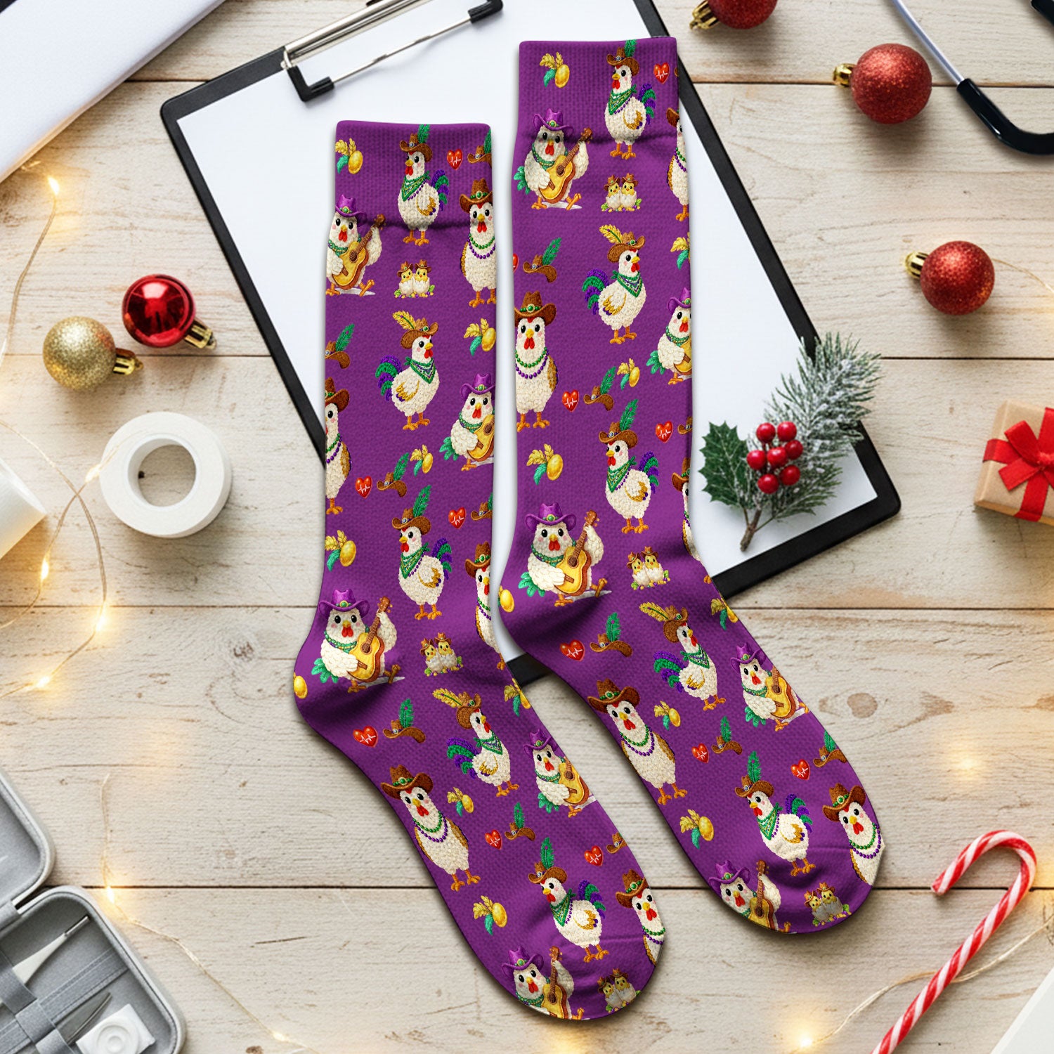 Funny Mardi Gras Rooster Cowboy Print Medical Socks, Socks for Nurse Doctor