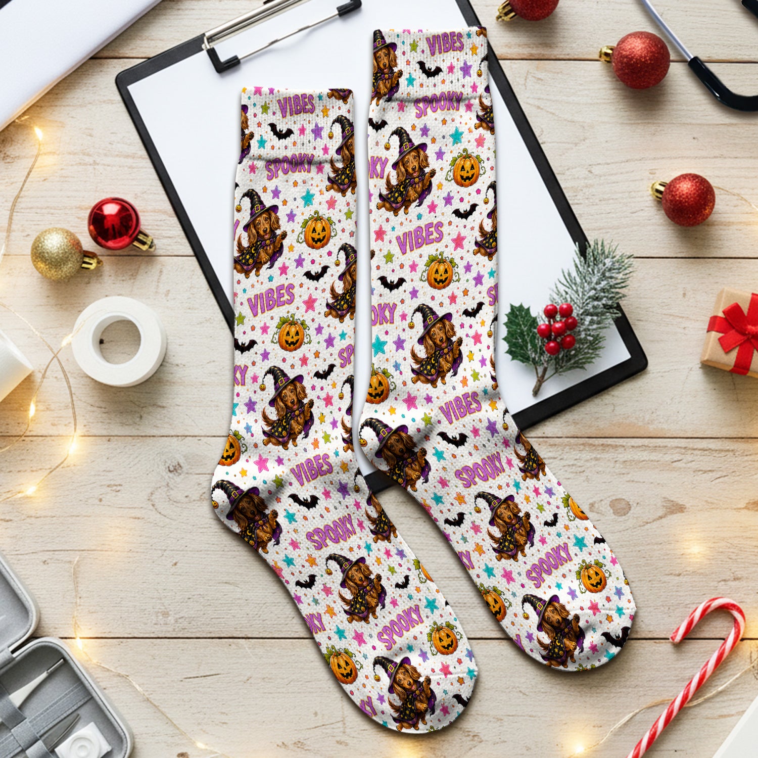 Spooky Dachshund Vibes Print Socks, Adult Socks for Men and Women