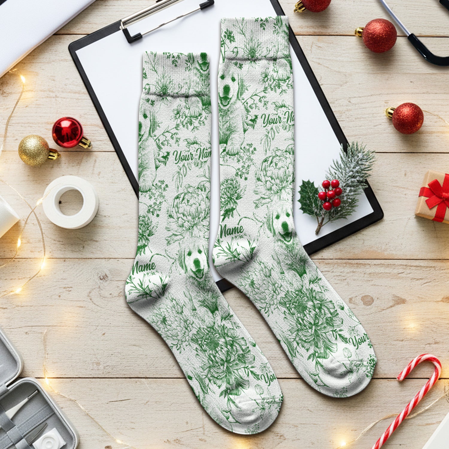 Personalized Custom Pet Photo Name Floral Pattern Socks, Adult Socks for Men and Women
