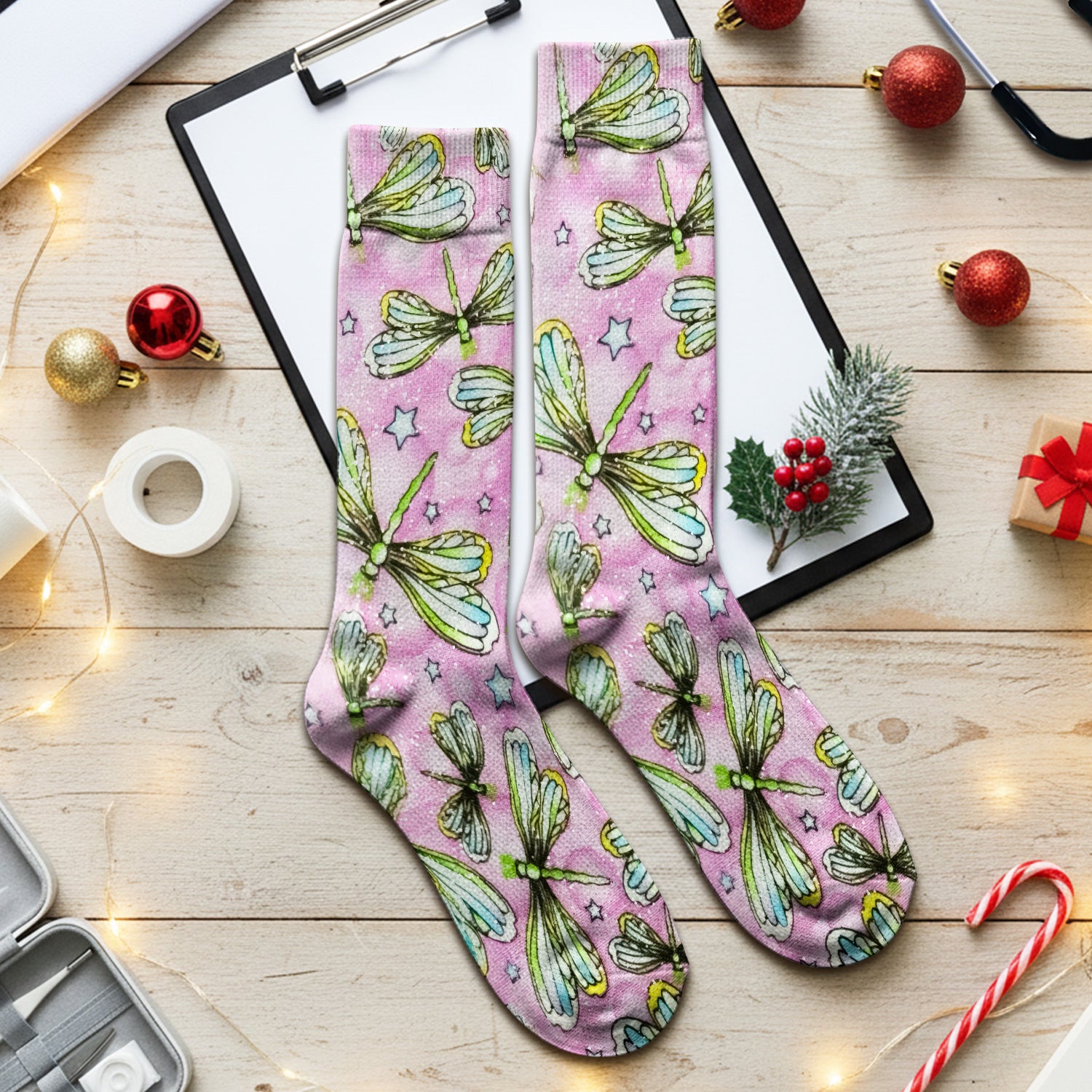 Dragonfly On Pink Starry Background Socks, Adult Socks for Men and Women