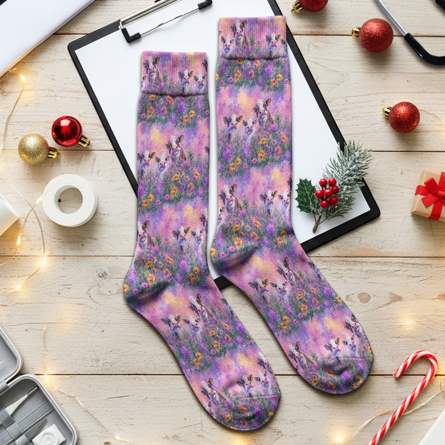 Pastel Cow Meadow Flower Pattern Socks, Adult Socks for Men and Women