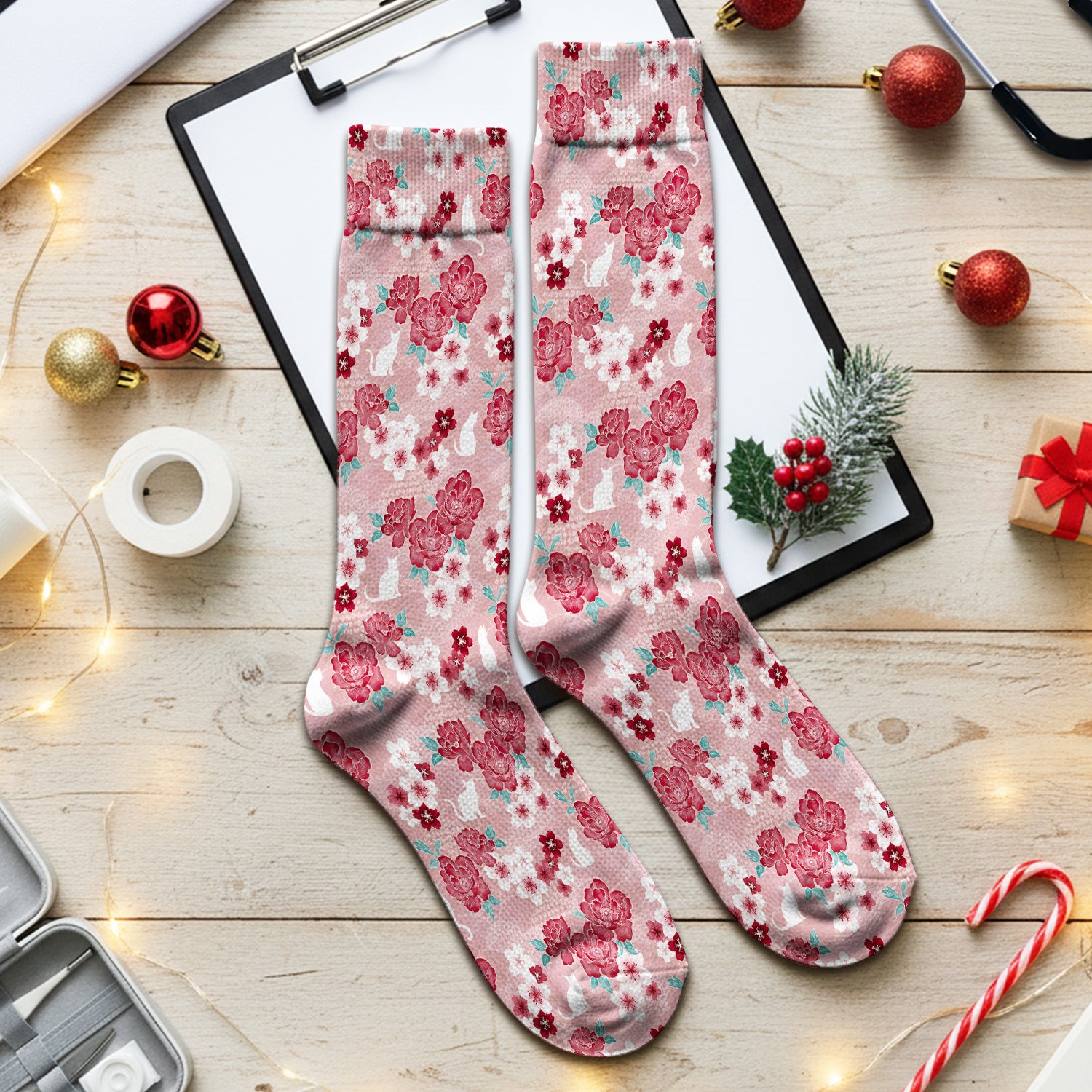 Floral White Cat Nurse Socks, Adult Socks for Men and Women