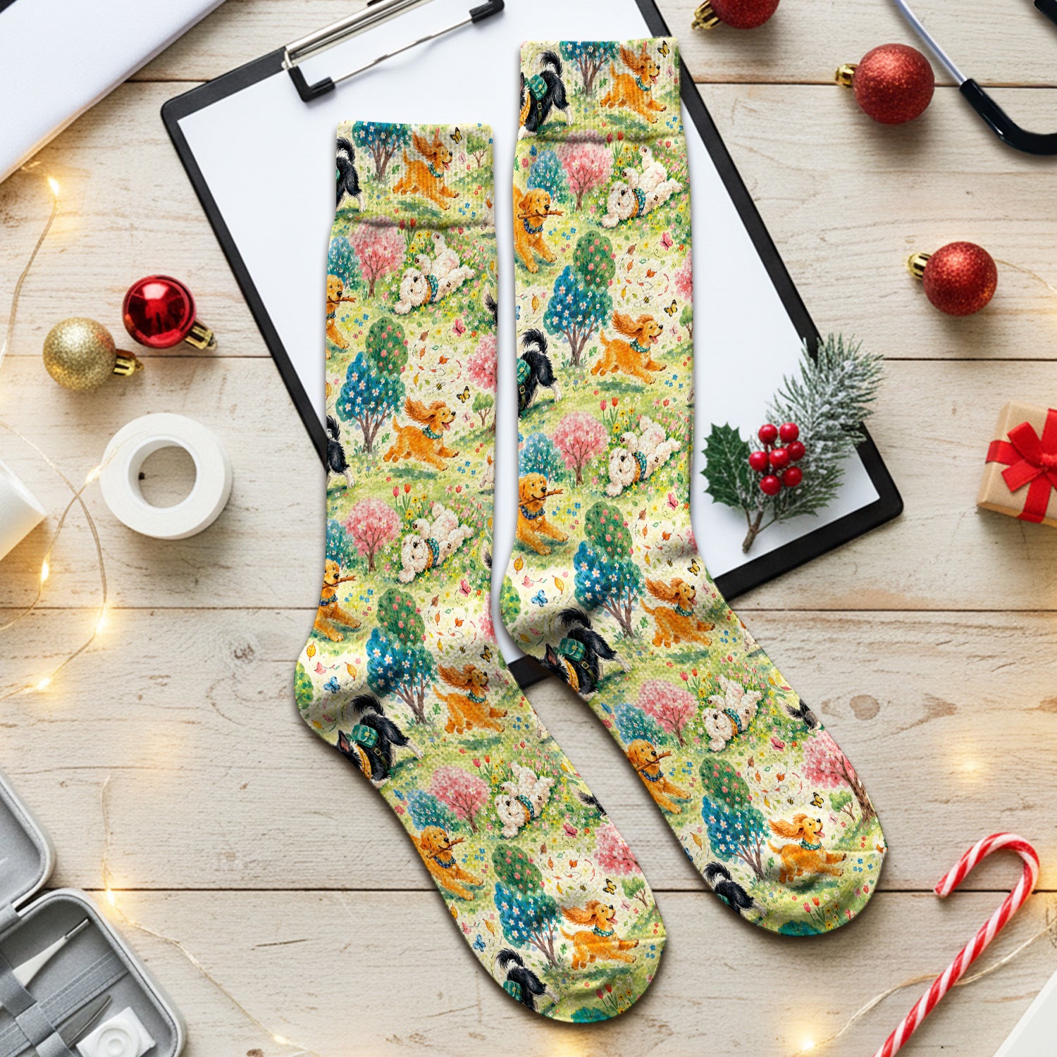 Playful Spring Garden Dogs Pattern Socks, Adult Socks for Men and Women
