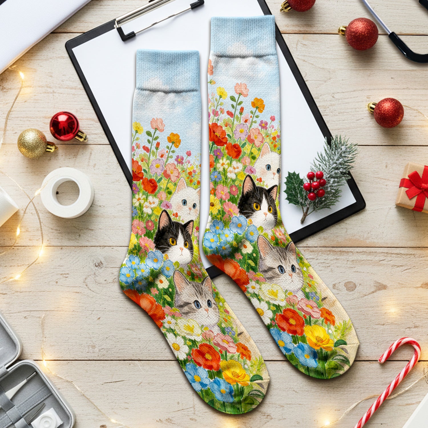 Cute Garden Cats Flower Path Pattern Socks, Adult Socks for Men and Women