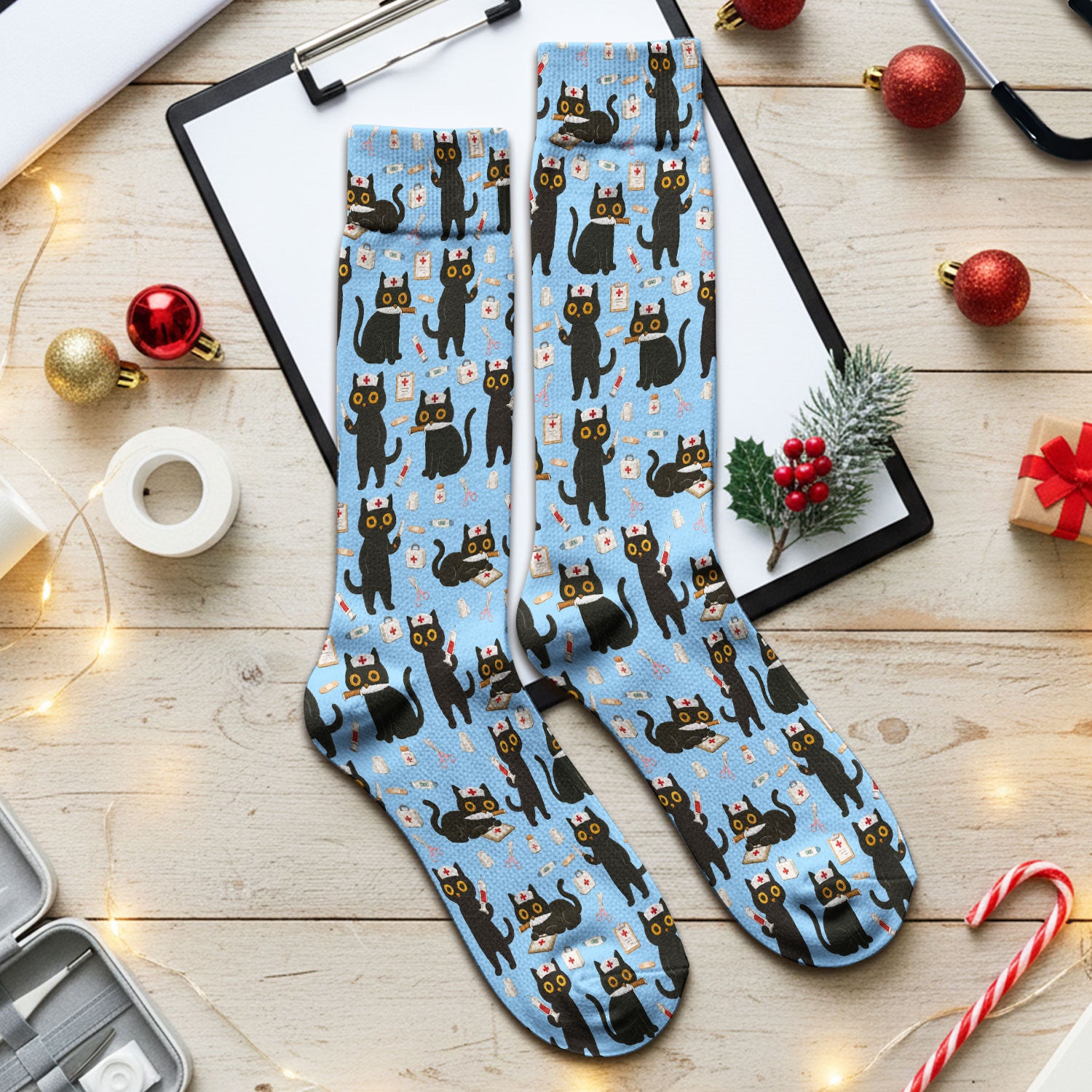 Cute Black Cat Nurse Pattern Medical Socks, Breathable Fabrics Medical Uniform