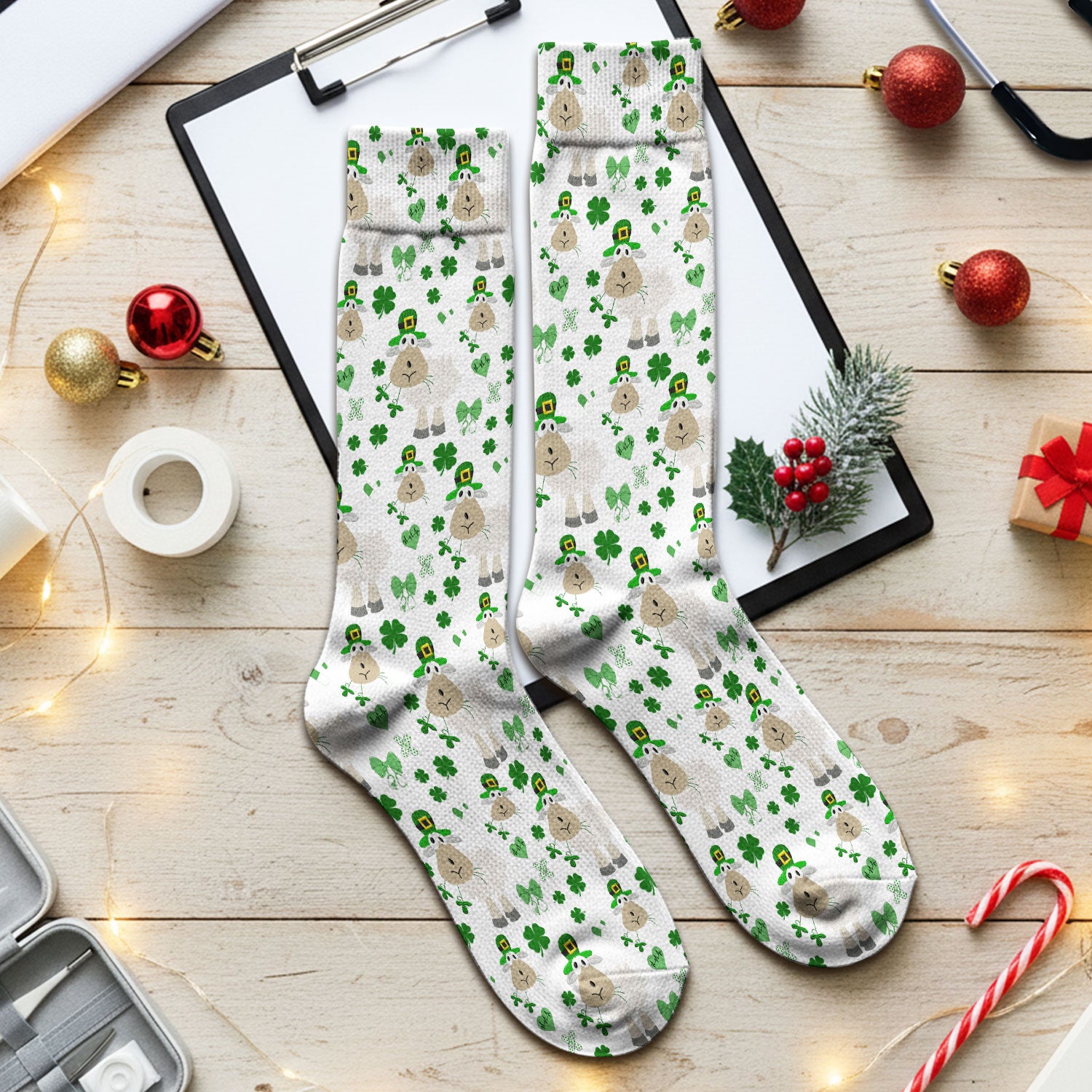 Nurse St. Patrick Scrubs Socks, Cute Sheep Shamrock Pattern Nurse Sock, Breathable Fabrics Nursing Uniform