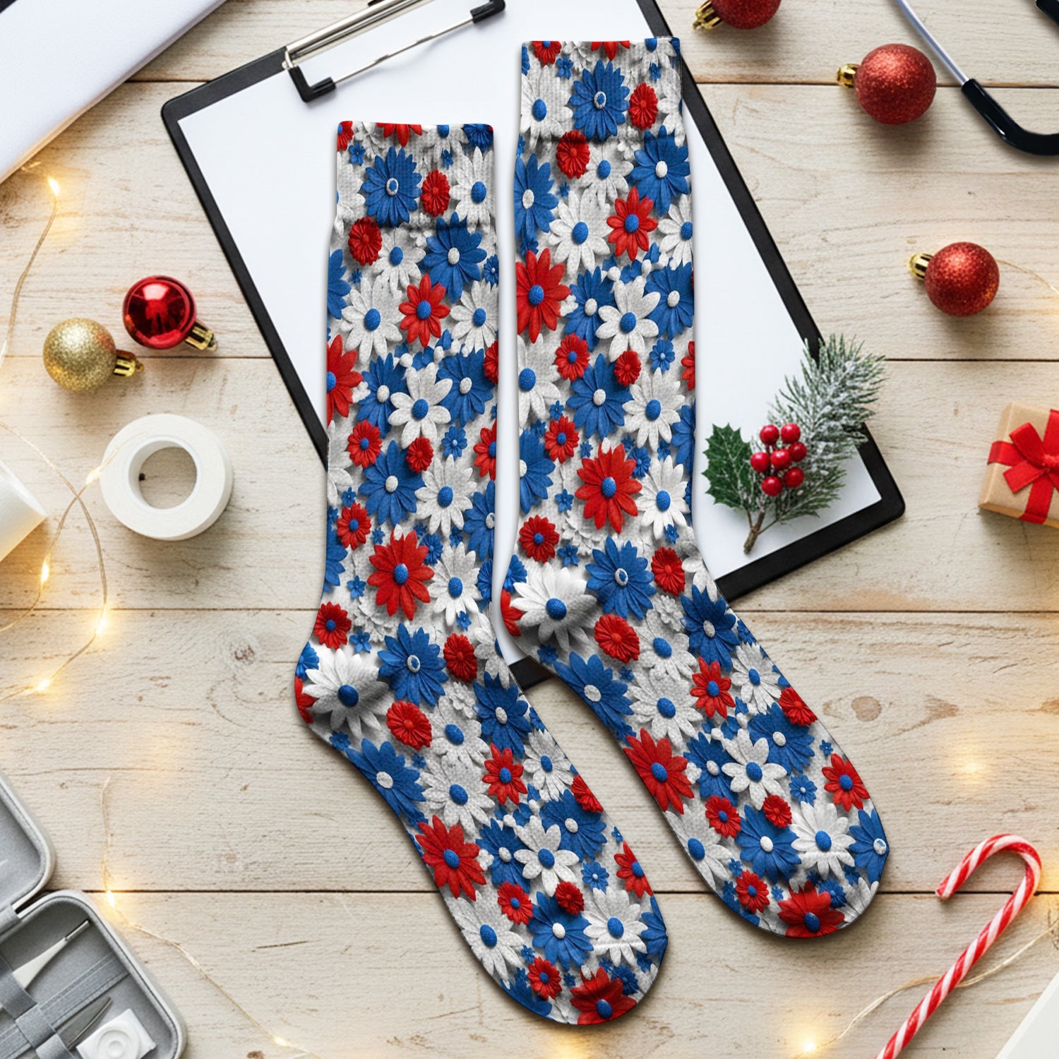 Patriotic Red Blue Daisy Floral Pattern Socks, Adult Socks for Men and Women