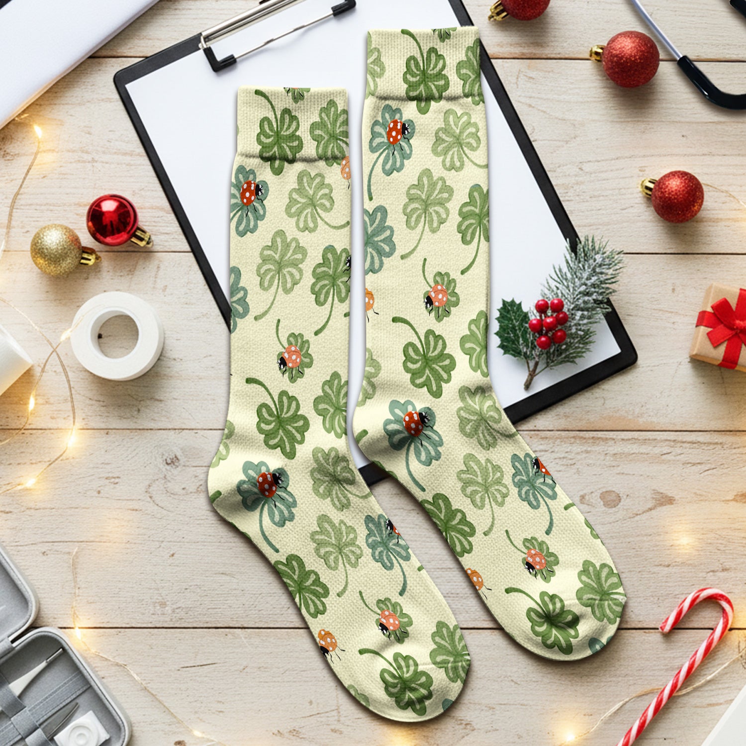Clover and Ladybug Lucky Garden Pattern Socks, Adult Socks for Men and Women