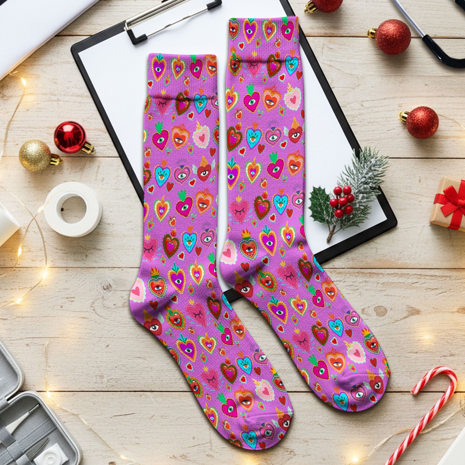 Valentine Colorful Sacred Heart Print Medical Socks, Breathable Fabrics Medical Uniform