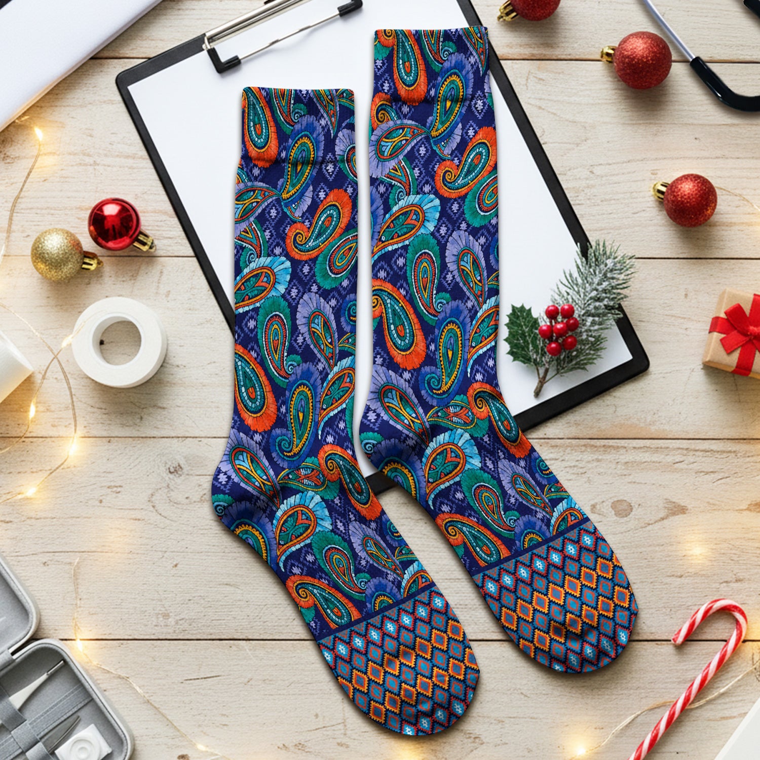 Colorful Paisley Geometric Border Pattern Socks, Adult Socks for Men and Women