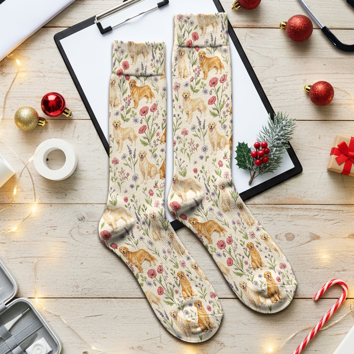 Cute Golden Retriever Floral Pattern Socks, Socks for Nurse Doctor