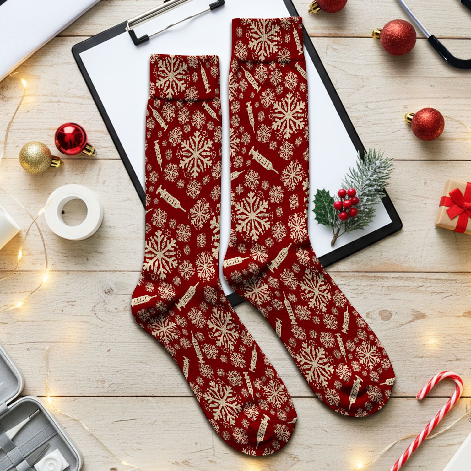 Snowflake Syringe Socks for Nurse Doctor - Winter Snow Adult Socks for Men and Women - Breathable Fabrics Medical Uniform
