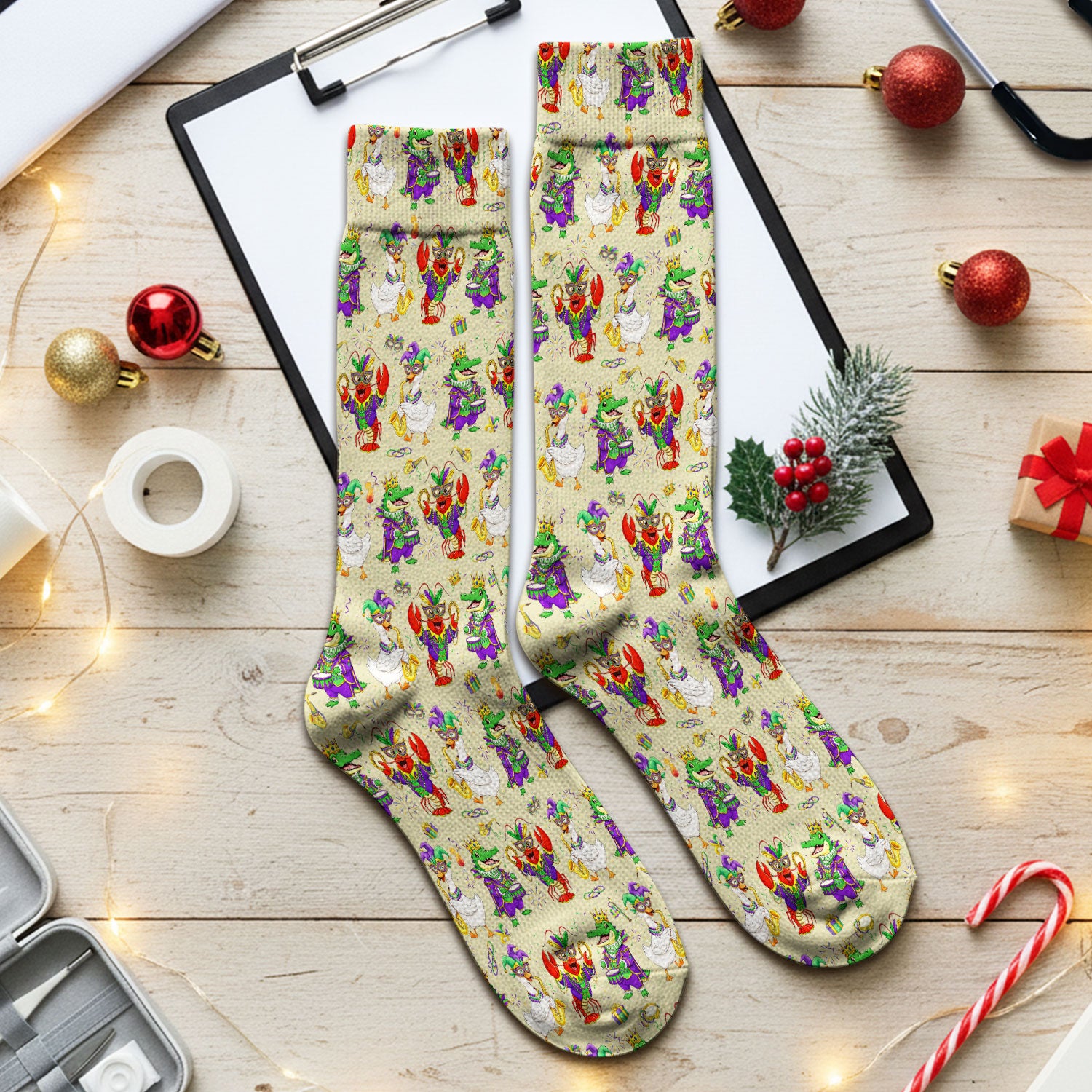 Crawfish And Duck Carnival Scrub Socks, Mardi Gras Parade Pattern Nurse Sock, Breathable Fabrics Nursing Uniform