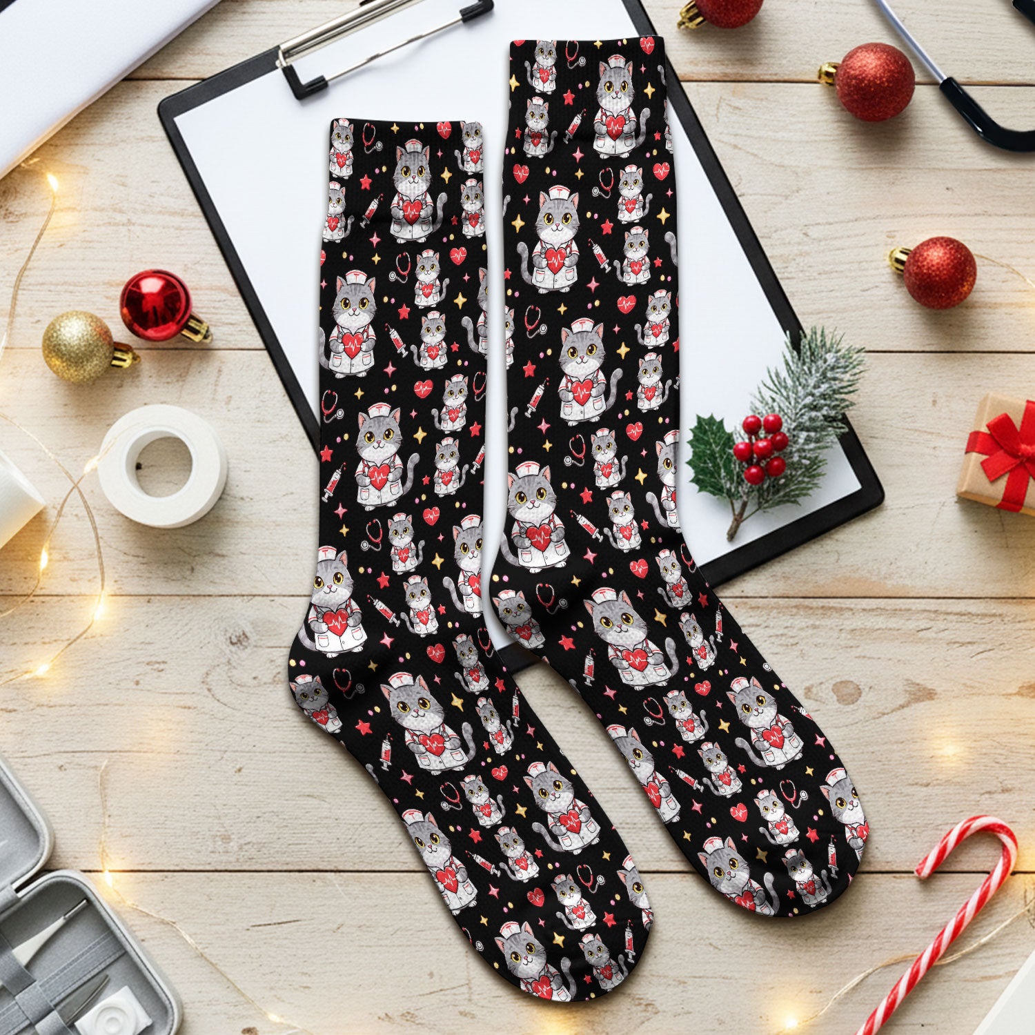 Cute Nurse Cat Heart Medical Print Socks, Adult Socks for Men and Women