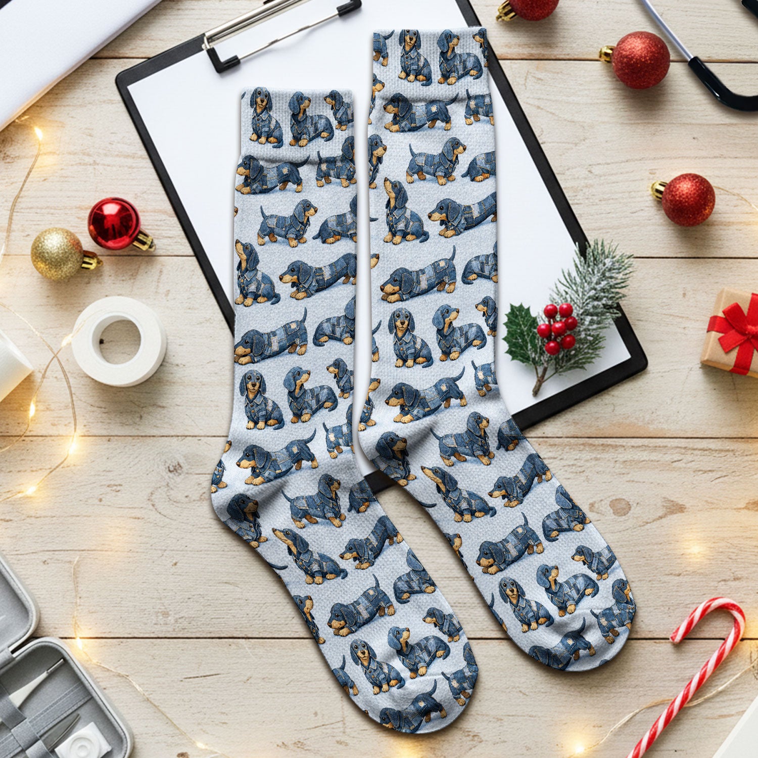 Denim Dachshund Dog Pattern Socks, Socks for Nurse Doctor