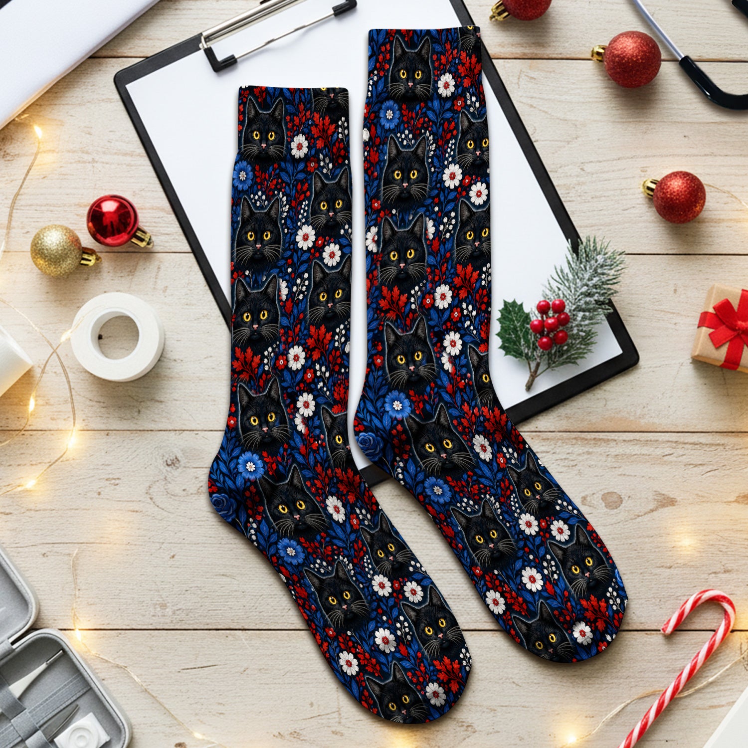 Black Cat Floral Nurse Pattern Socks, Adult Socks for Men and Women