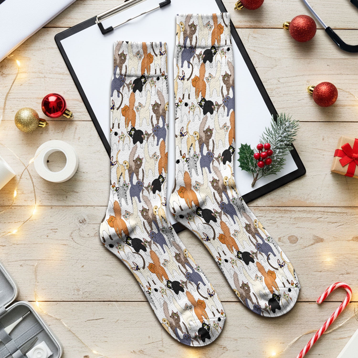 Whimsical Multicolor Cat Cartoon Pattern Medical Socks, Socks for Nurse Doctor