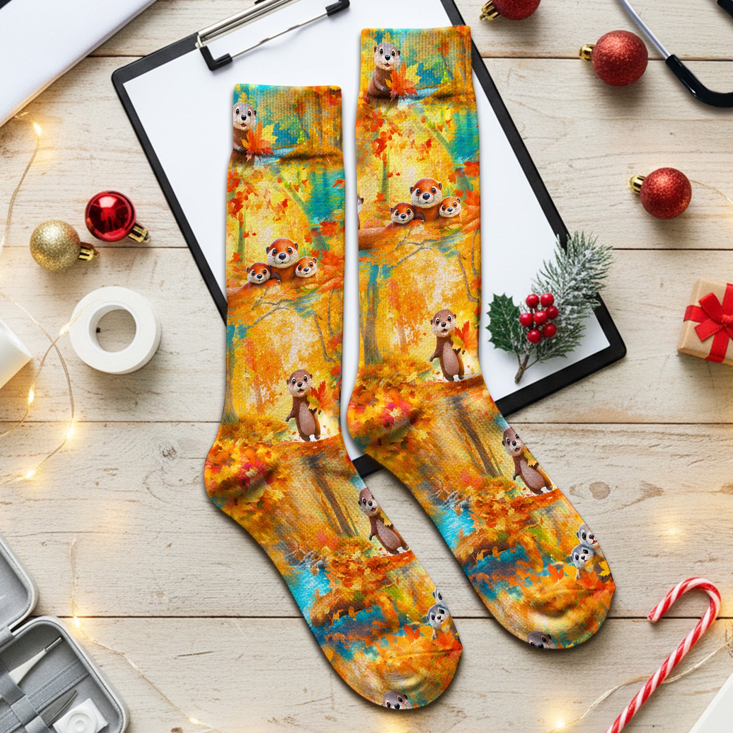 Cute Autumn Otter Leaf Forest Pattern Socks, Adult Socks for Men and Women