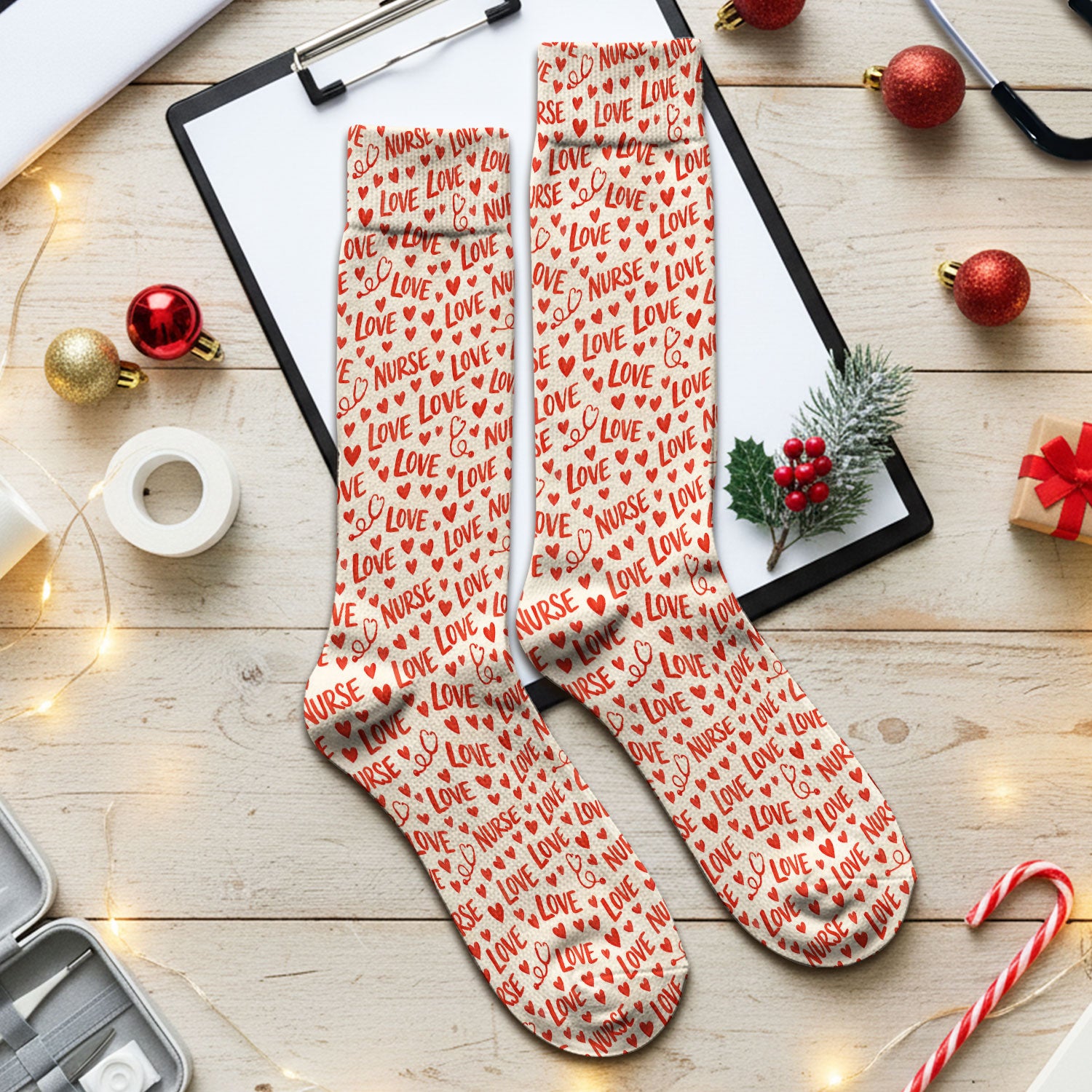 Valentine Pattern Scrub Socks, Love Heart Medical Nurse Scrub Sock, Breathable Fabrics Nursing Uniform