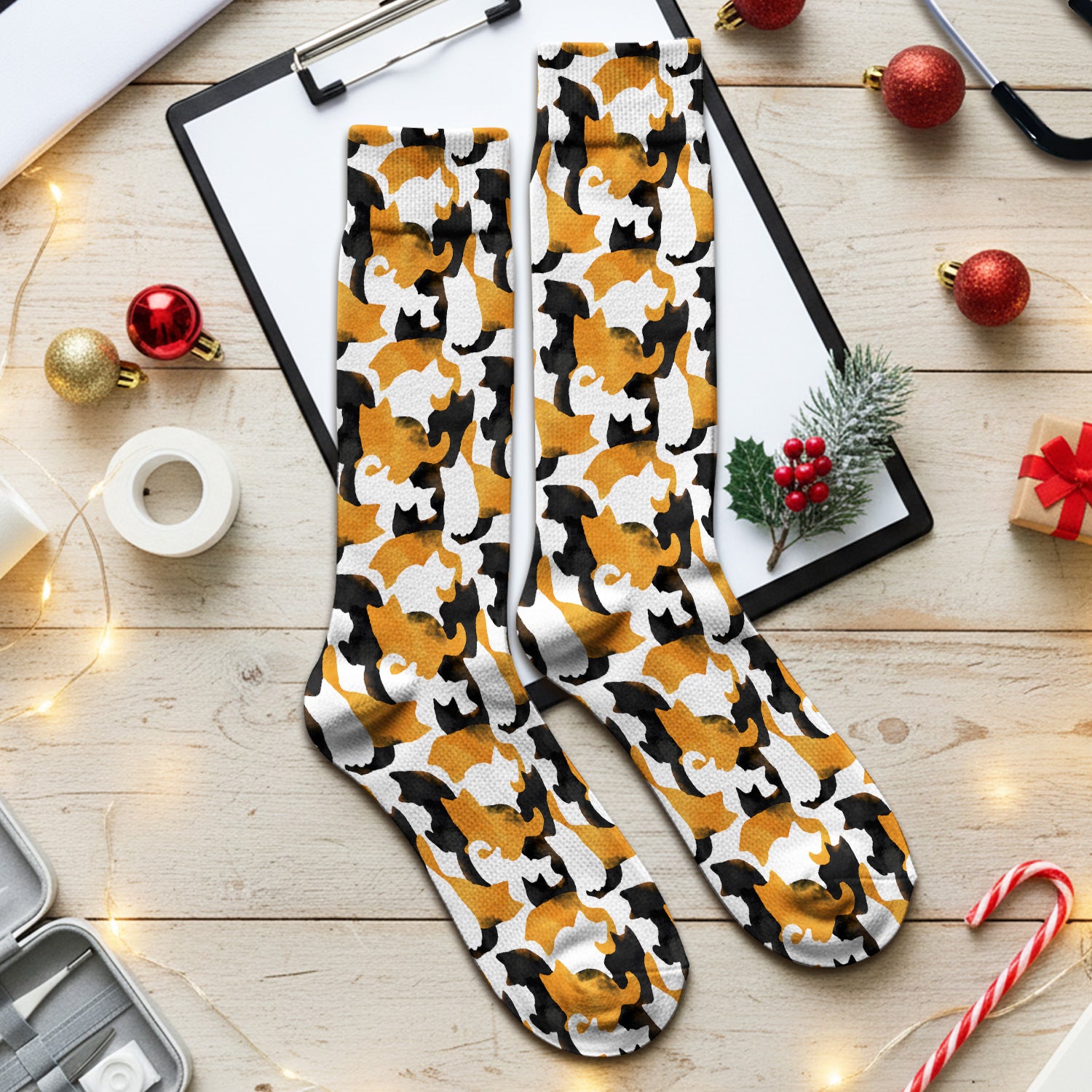 Calico Cat Silhouette Pattern Socks, Adult Socks for Men and Women
