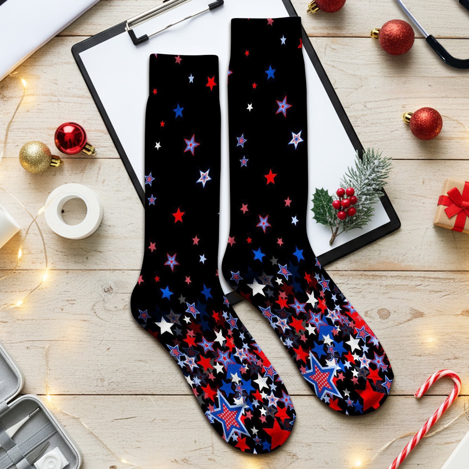 Festive Patriotic Ribbon Bow Star Pattern Socks, Adult Socks for Men and Women