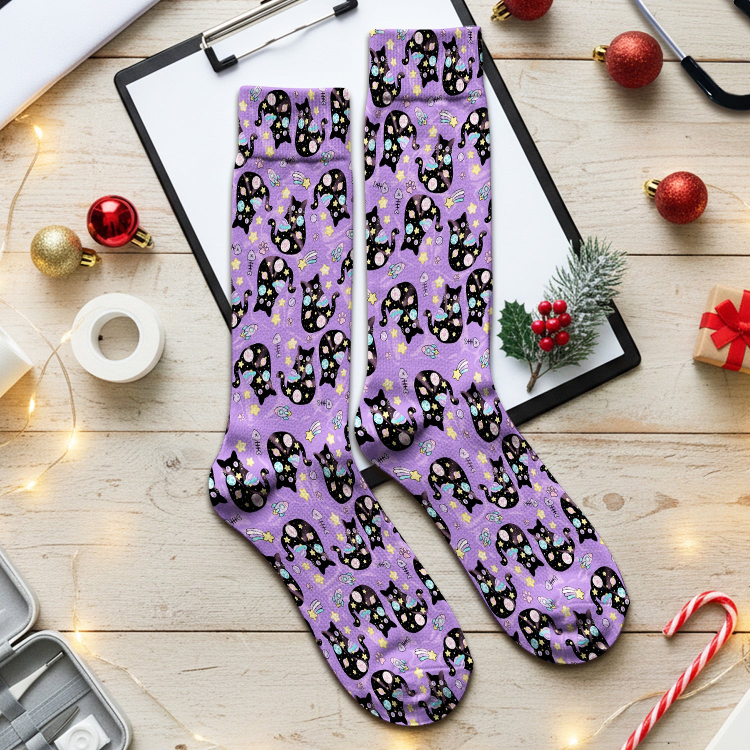 Galaxy Black Cat Space Pattern Socks, Breathable Fabrics Medical Uniform