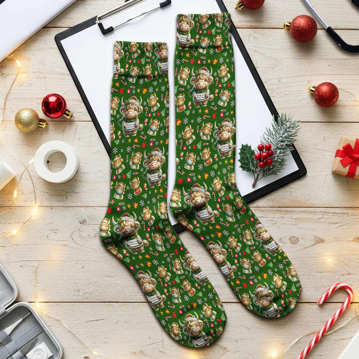 Highland Cow Christmas Socks, Funny Holiday Cow Pattern Nurse Socks, Cozy Medical Crew Socks, Perfect Christmas Gift For Nursing
