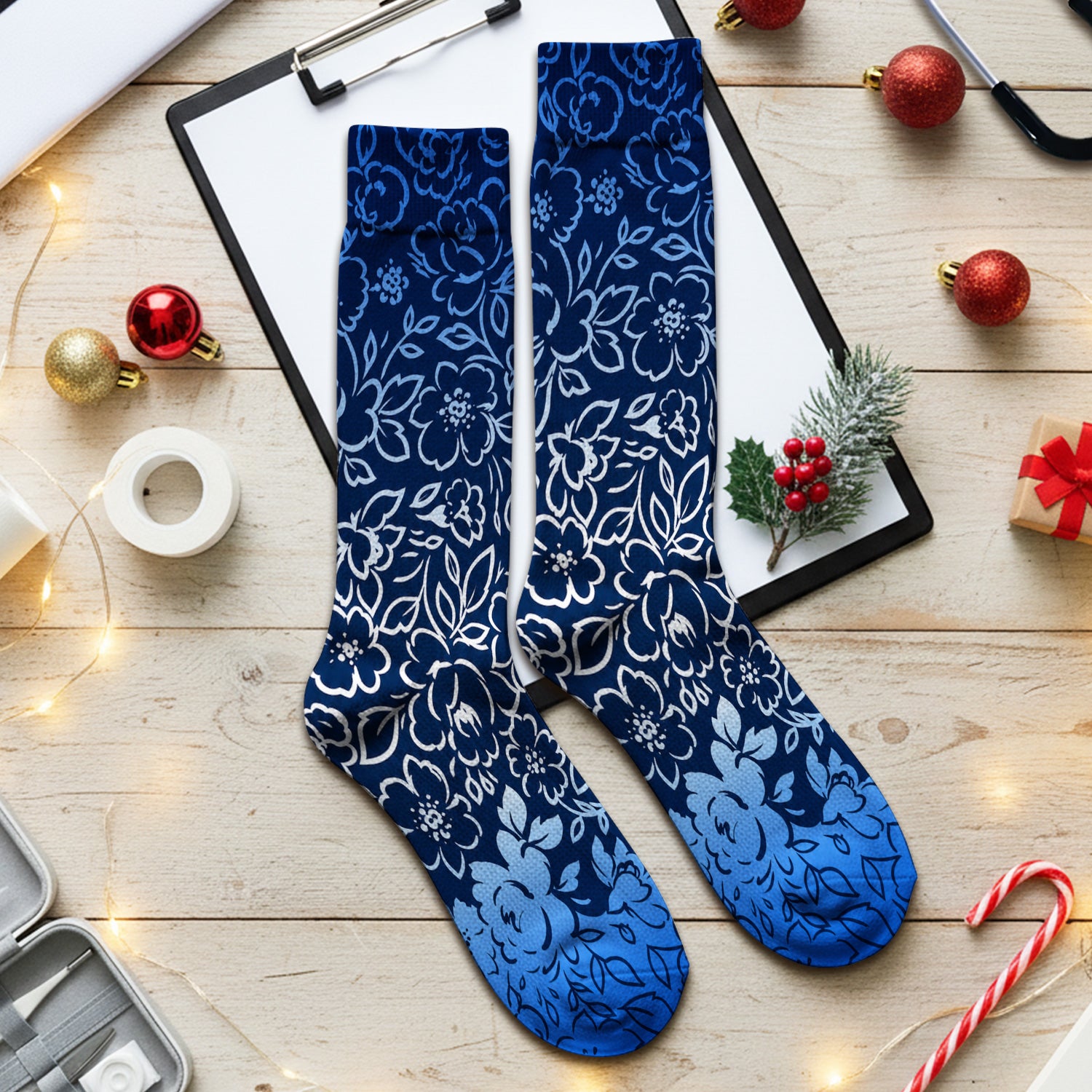 Navy Botanical Flower Print Socks, Adult Socks for Men and Women