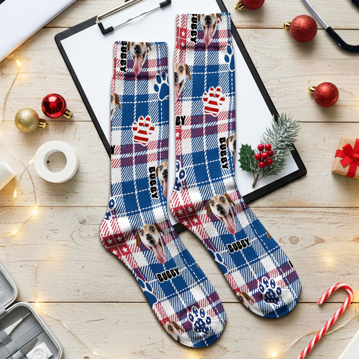 Custom Dog Face Sock, Patriotic Dog Plaid Pattern, Adult Socks for Men and Women