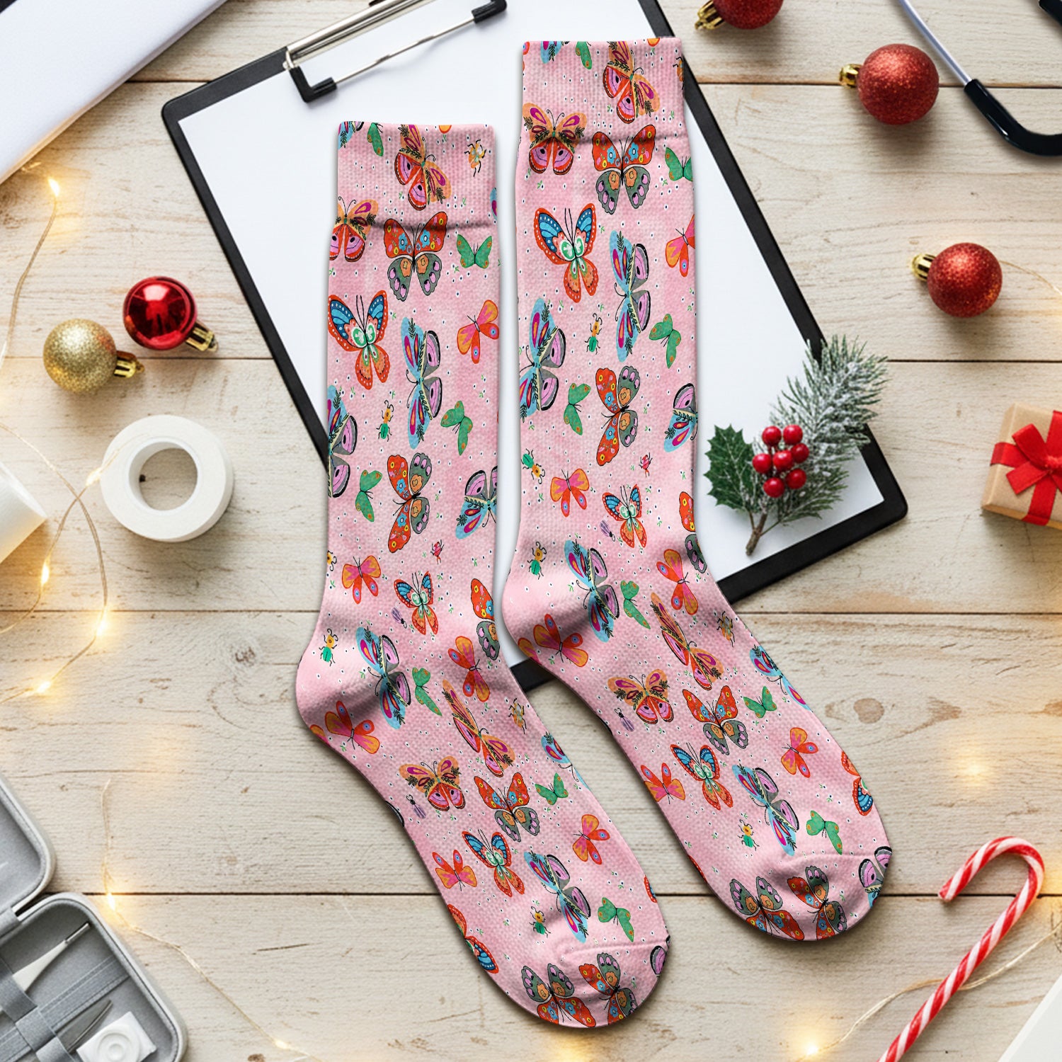 Colorful Butterfly Garden Pattern Socks, Breathable Fabrics Medical Uniform