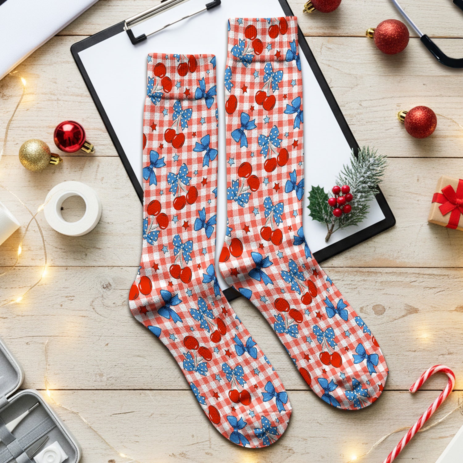 Cute Patriotic Cherry Bow Checkered Pattern Socks, Adult Socks for Men and Women