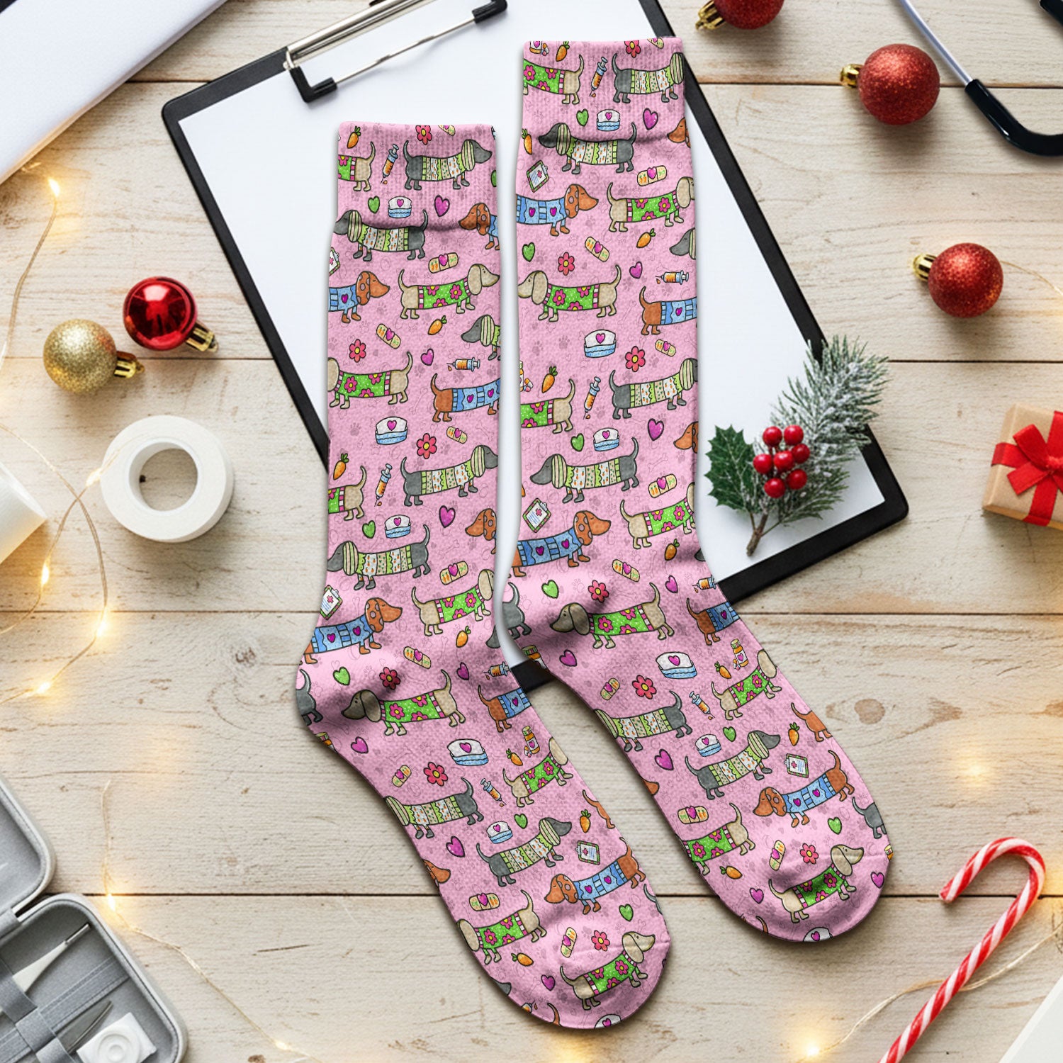 Cute Dachshund Nurse Scrub Socks, Funny Wiener Dog Nursing Sock, Breathable Fabrics Nursing Uniform