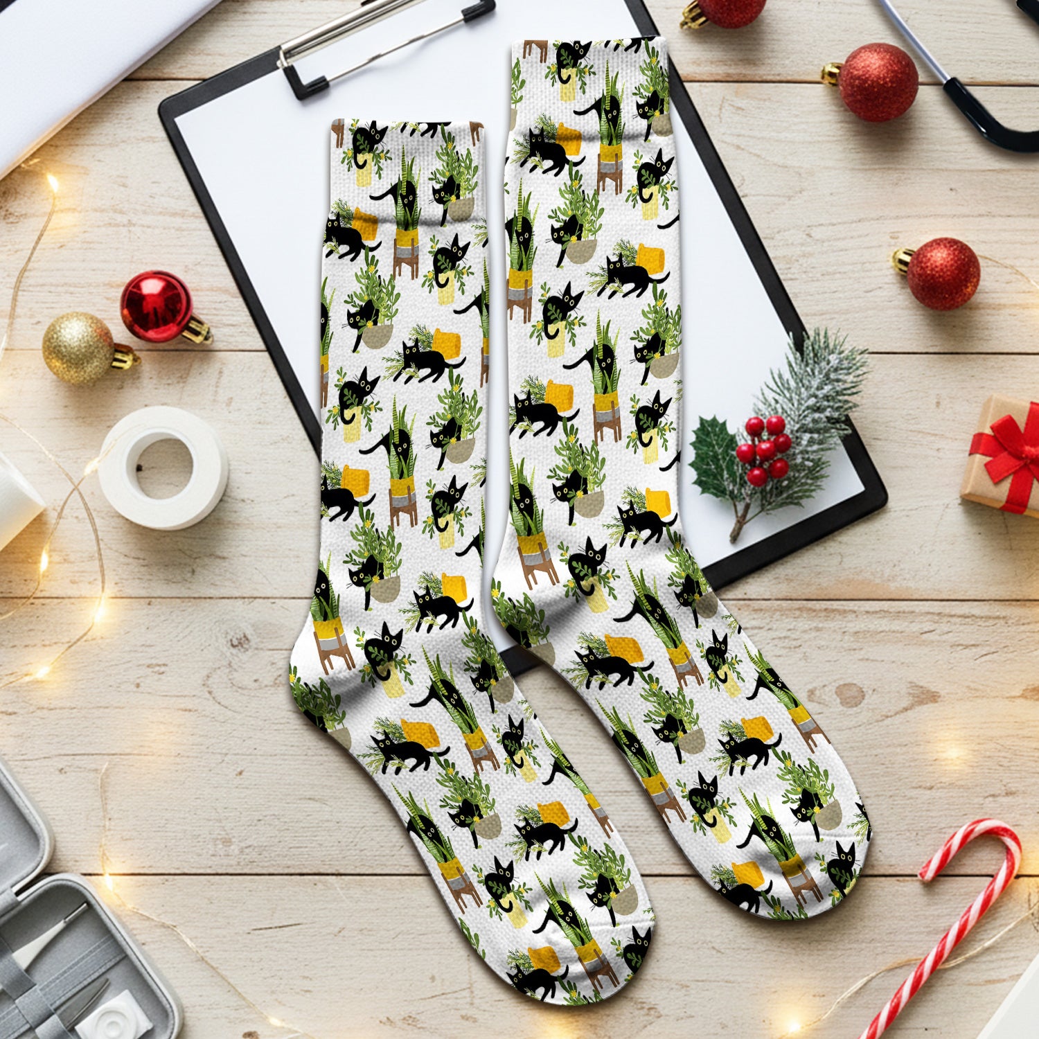 Black Cat Plant Pots Pattern Socks, Adult Socks for Men and Women