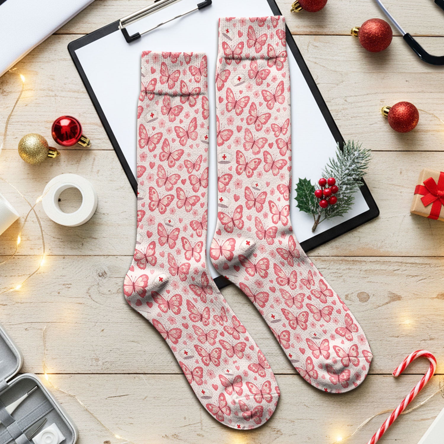 Valentine Butterfly Pattern Nurse Scrub Socks, Pink Heart Medical Sock For Women, Breathable Fabrics Nursing Uniform