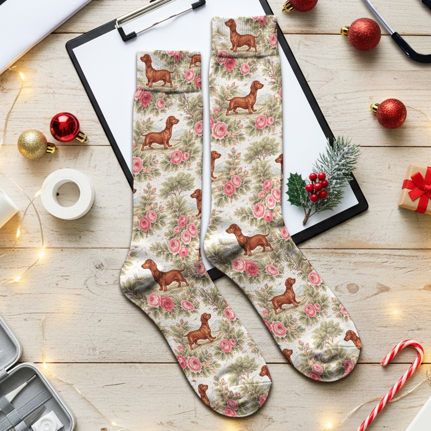 Vintage Dachshund Rose Floral Pattern Socks, Adult Socks for Men and Women