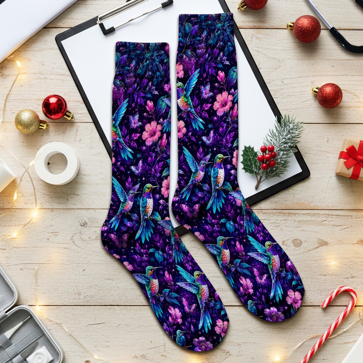 Vibrant Hummingbird Hibiscus Blossom Pattern Socks, Adult Socks for Men and Women