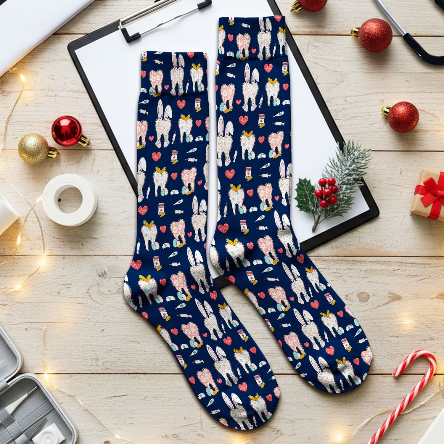 Playful Bunny Dentist Illustration Medical Socks, Adult Socks for Men and Women