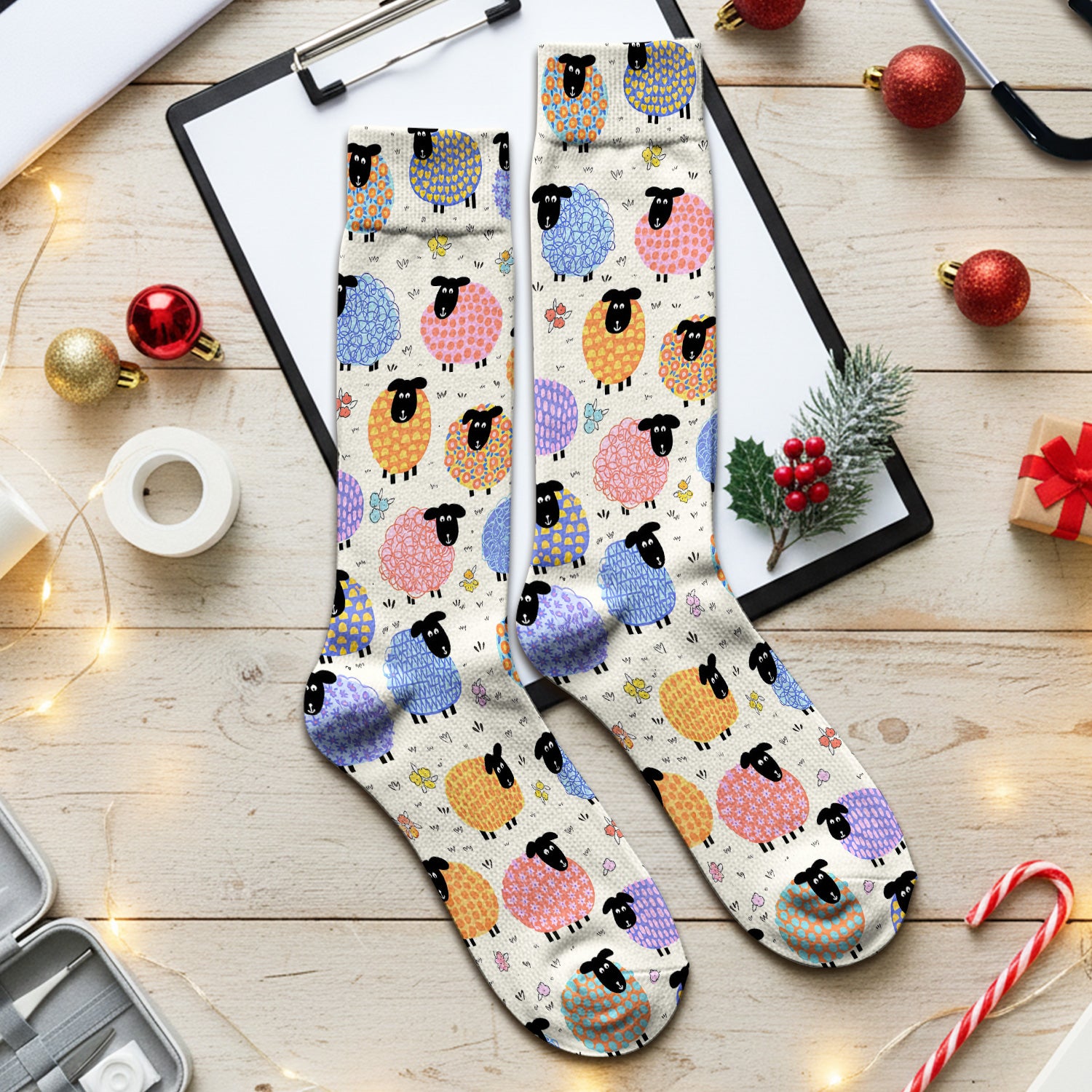 Funny Colorful Sheep Pattern Socks, Breathable Fabrics Medical Uniform