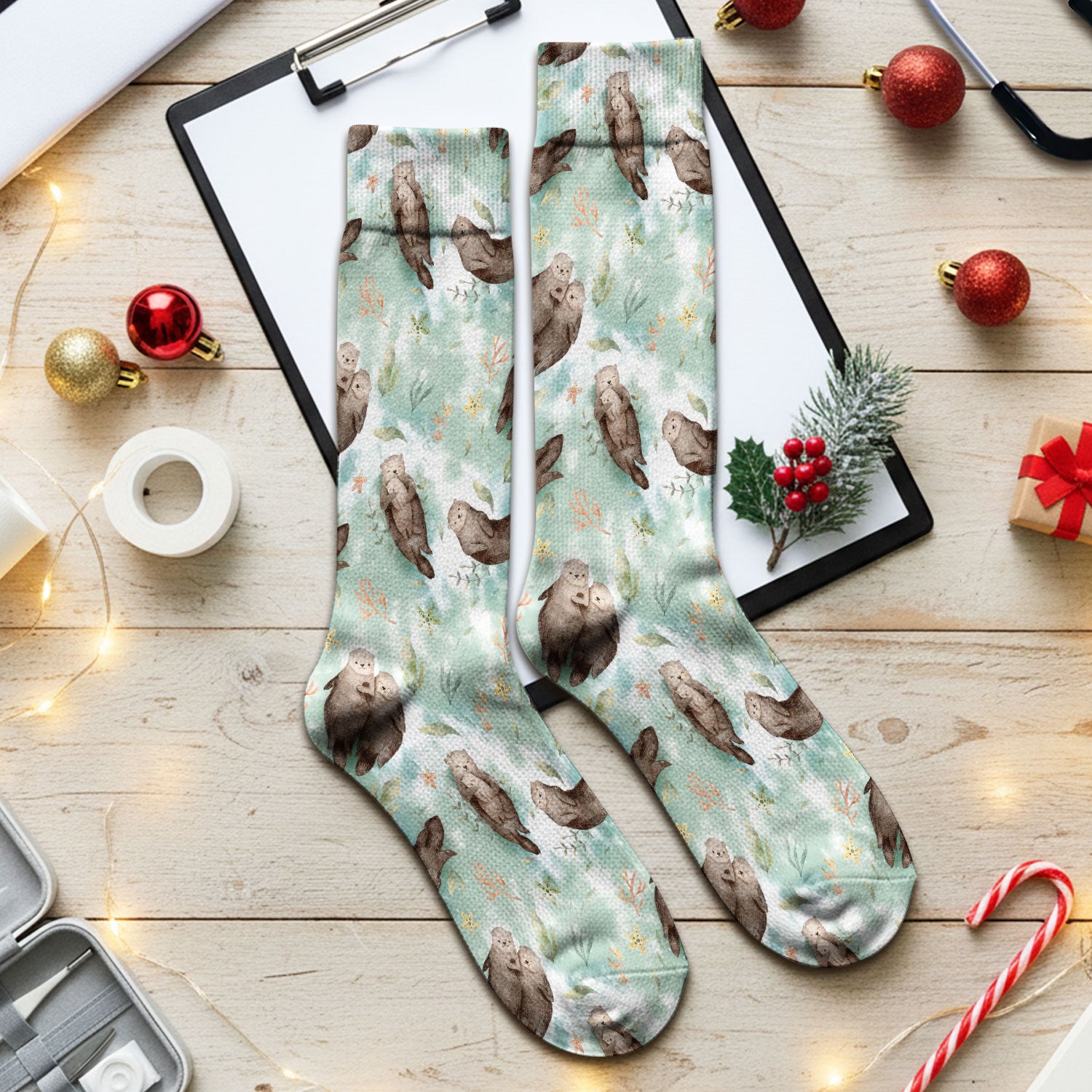 Cute Sea Otter Watercolor Print Socks, Socks for Nurse Doctor