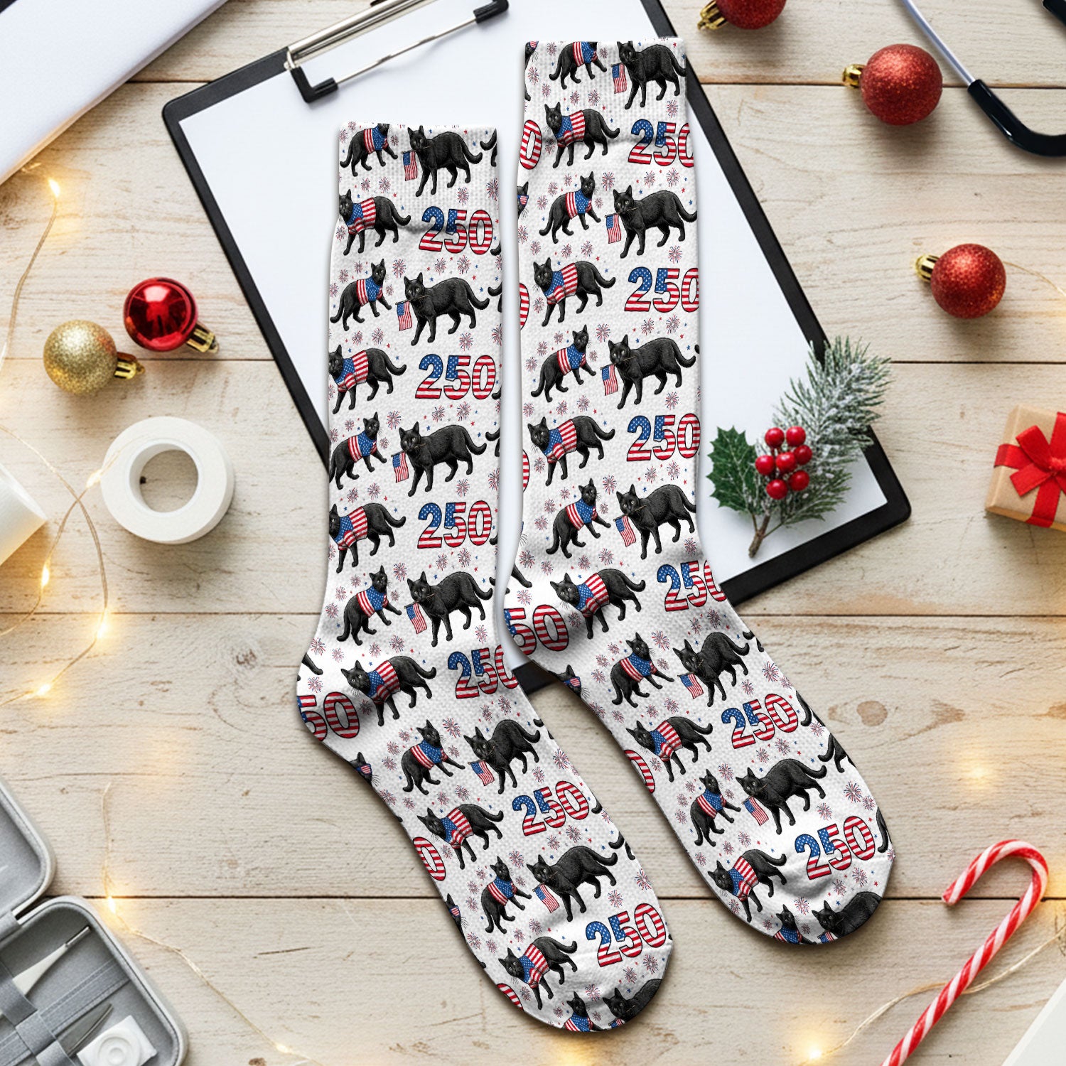 Black Cat 250 USA Flag Fireworks Pattern Socks, Adult Socks for Men and Women