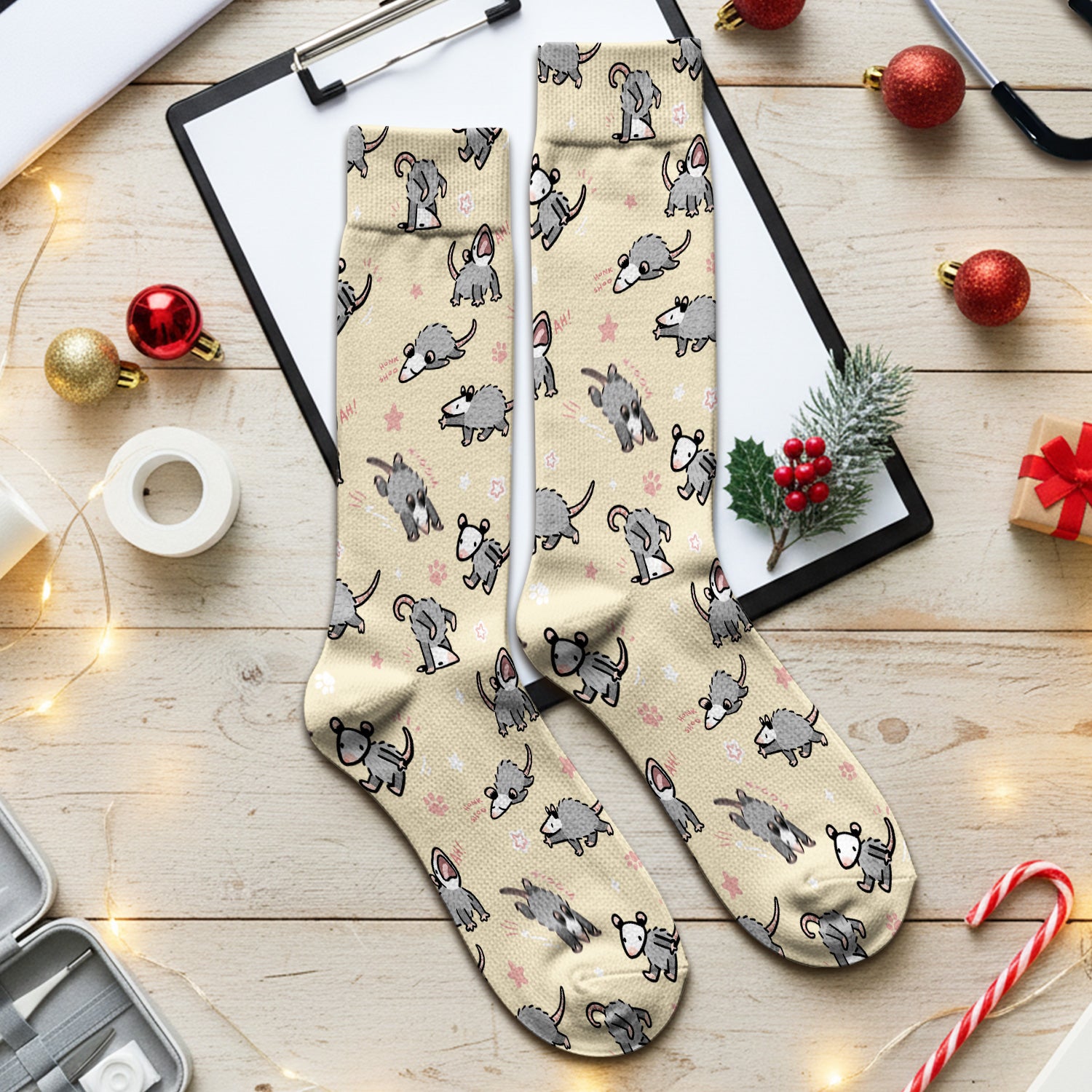 Playful Cartoon Opossum Character Pattern Sock, Breathable Fabrics Medical Uniform