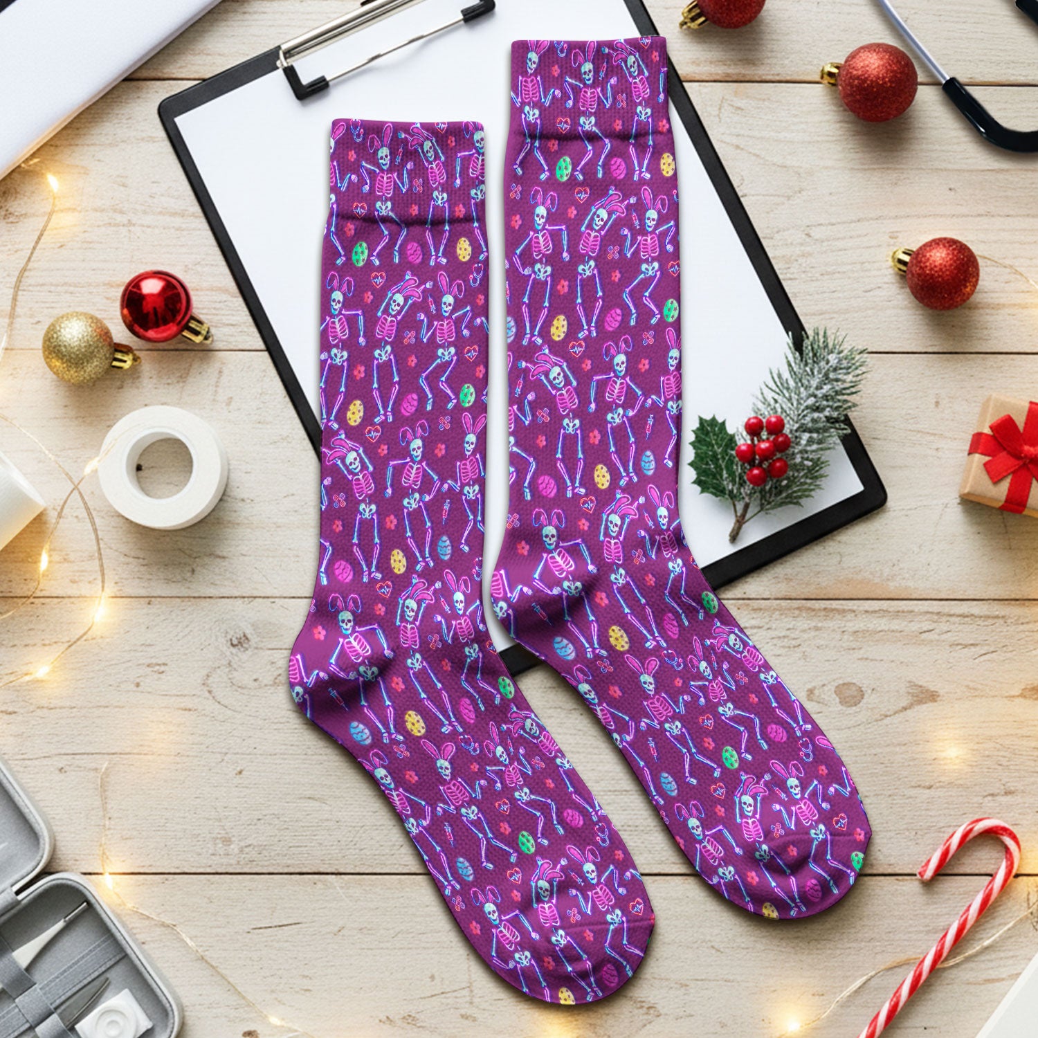 Neon Easter Skeleton Pattern Socks, Adult Socks for Men and Women