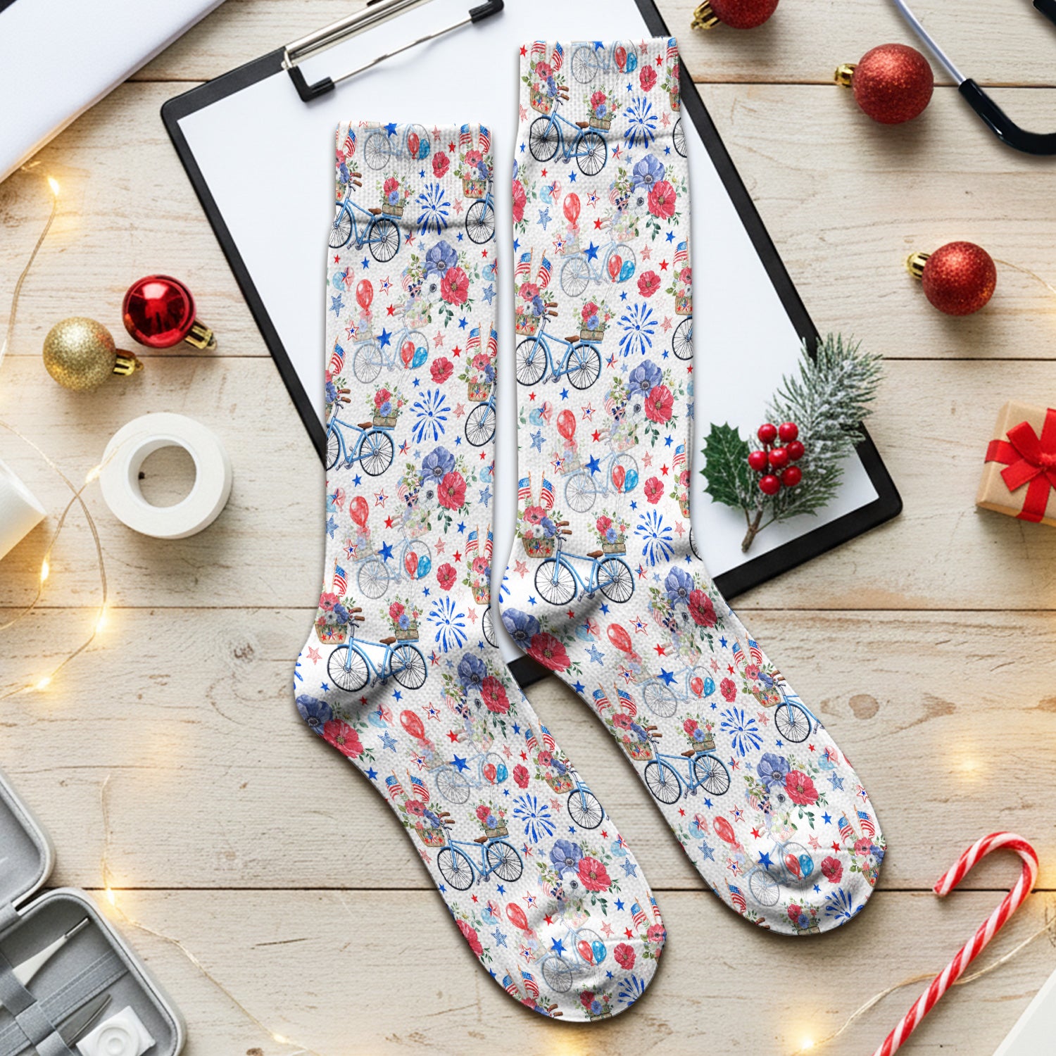 Patriotic Bicycle Floral Fireworks Print Socks, Adult Socks for Men and Women