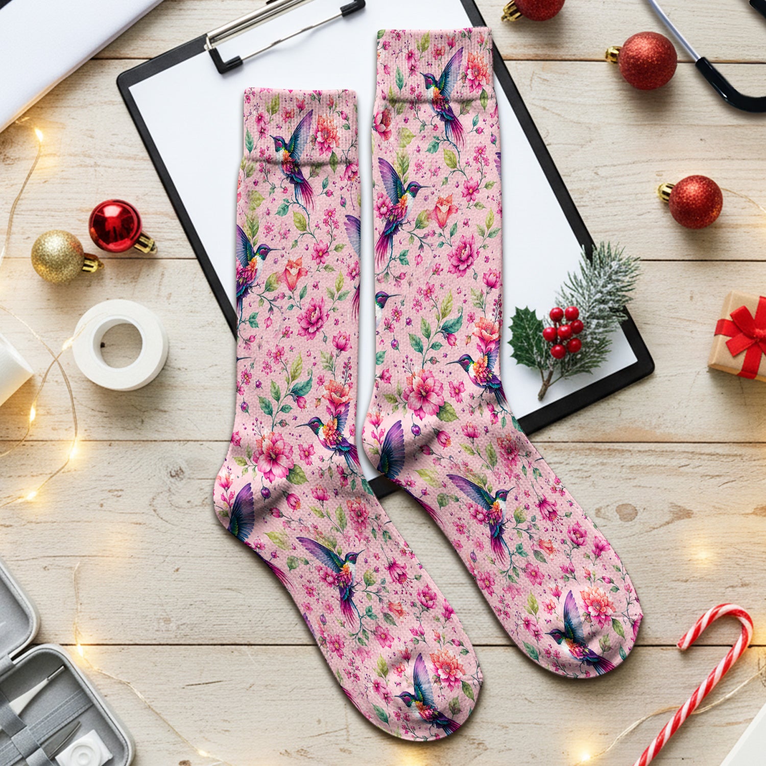 Pink Hummingbird Floral Garden Pattern Socks, Adult Socks for Men and Women