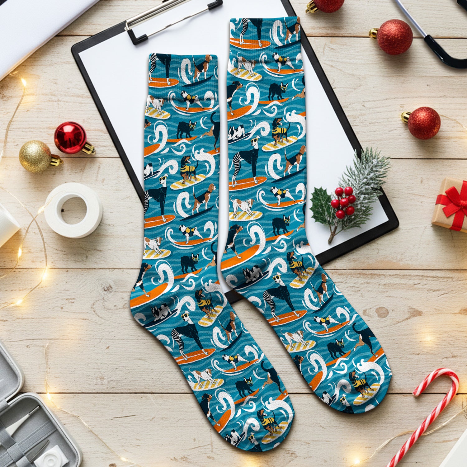 Surfing Dogs Ocean Wave Print Socks, Adult Socks for Men and Women